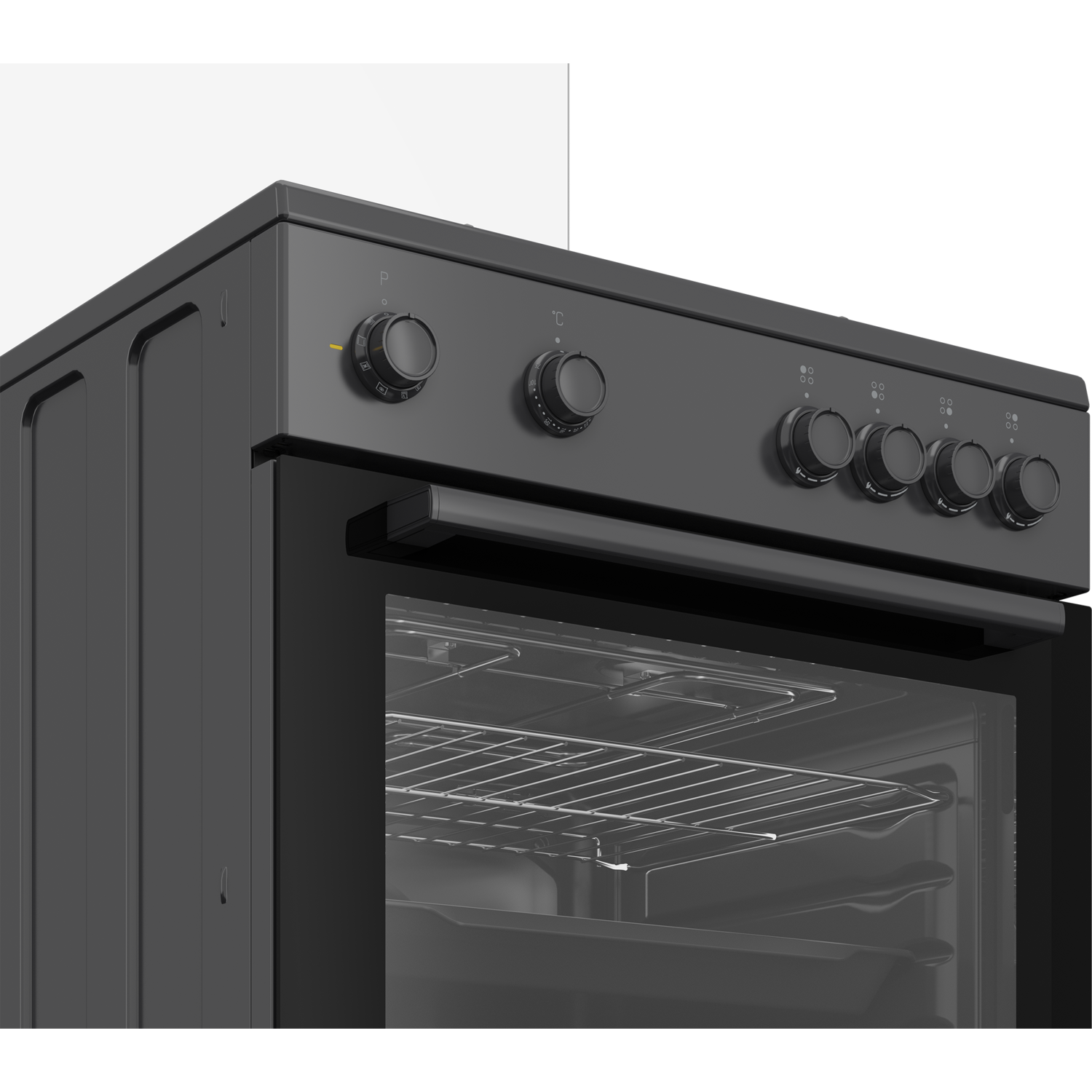 Close-up of a black oven with controls on top and the oven door open.