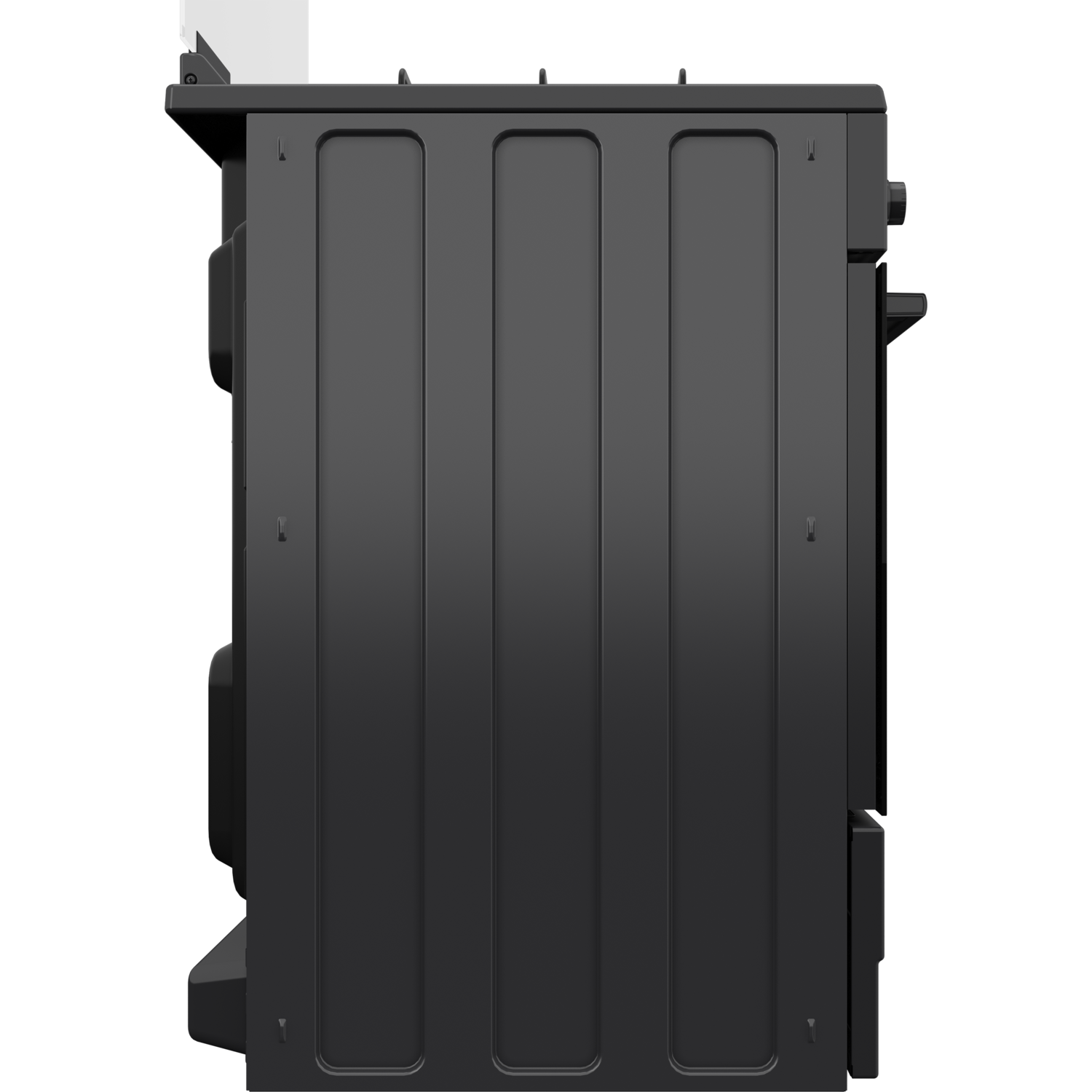 A side view of a black appliance with vertical lines. The appliance is on a black background.