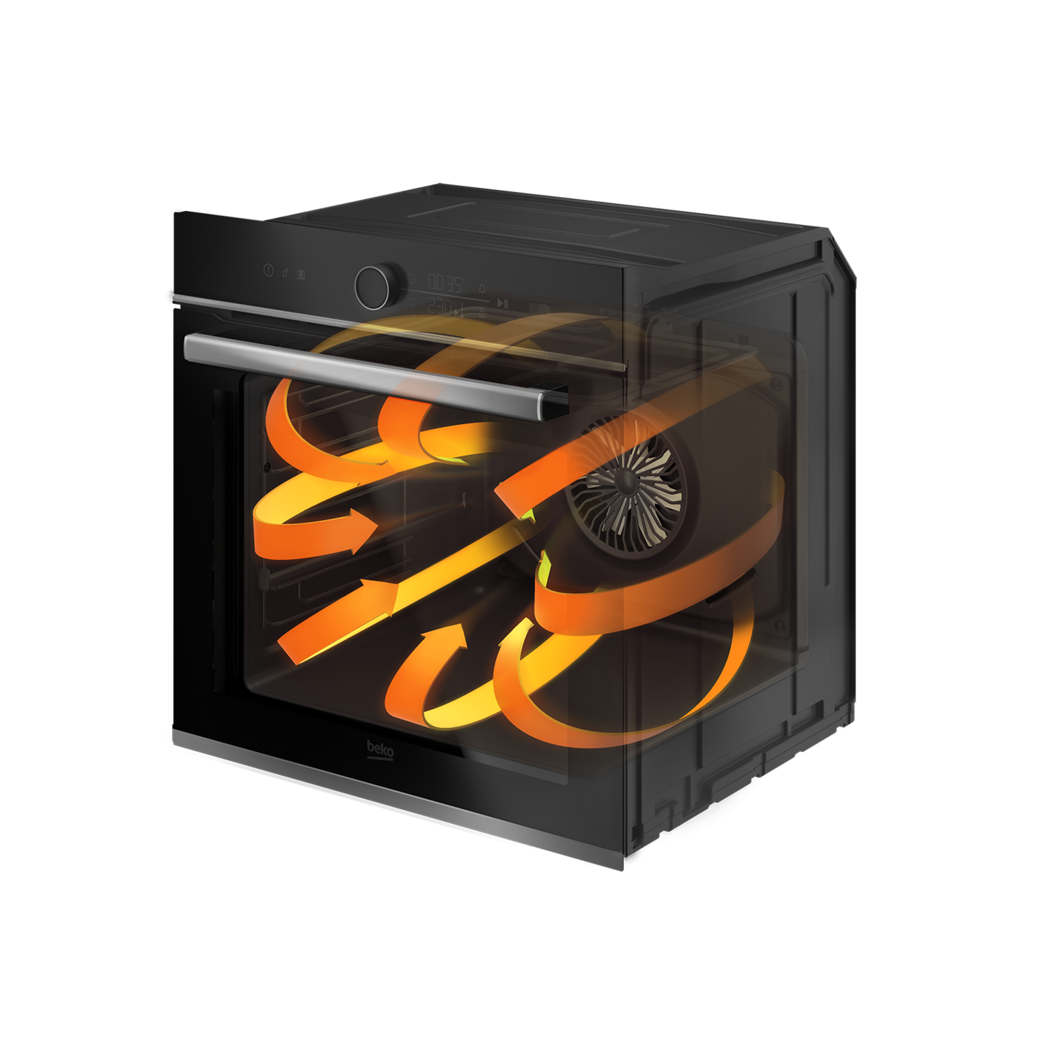 Inside a Beko oven showing circulating hot air.