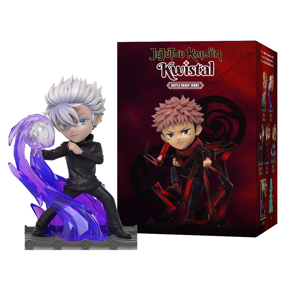 Zwei Anime-Figuren in einer Box, eine mit einer lila Kugel, eine mit rotem Schwert.