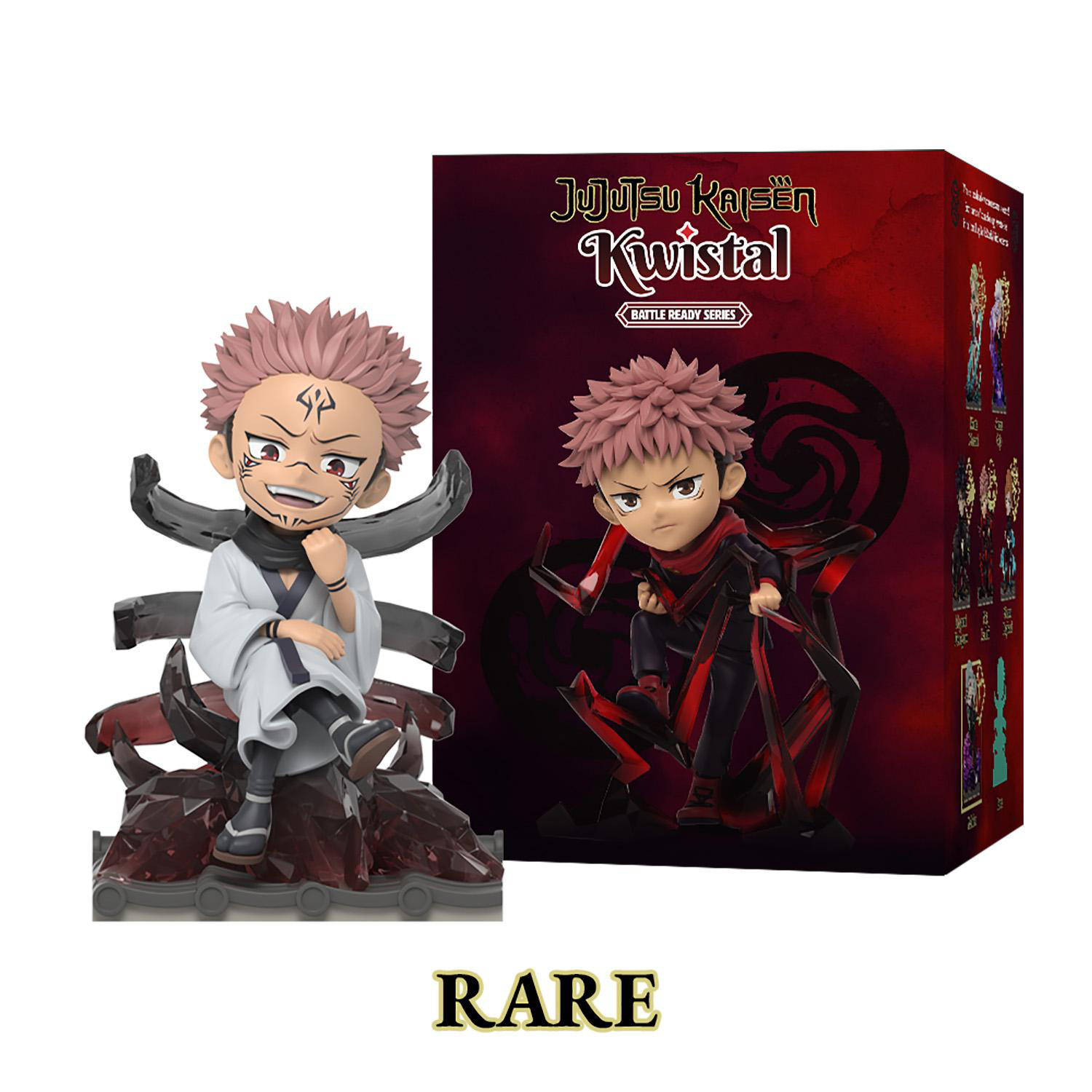 Zwei Anime-Figuren aus der Jujutsu Kaisen-Serie. Eine sitzt, eine steht vor einer Schachtel.