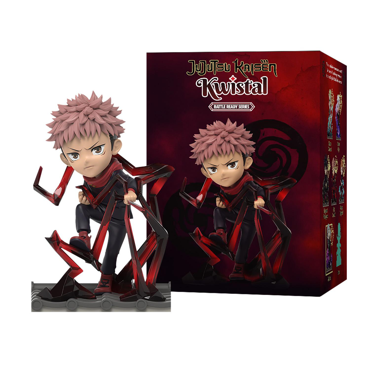 Zwei Anime-Figuren, ein Junge und eine Box mit dem Titel Jujutsu Kaisen. Rotes und schwarzes Farbschema.