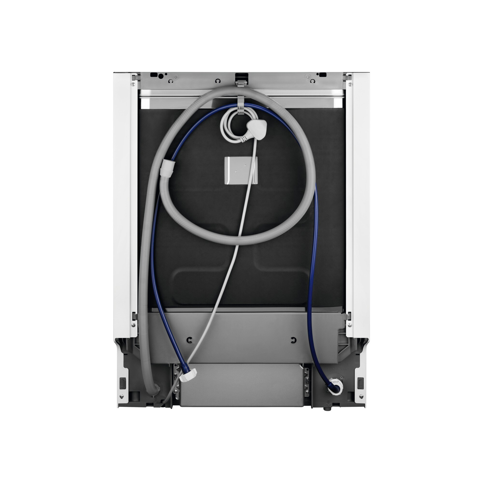 Parte trasera de un lavavajillas blanco, mostrando mangueras, cables y conexiones.