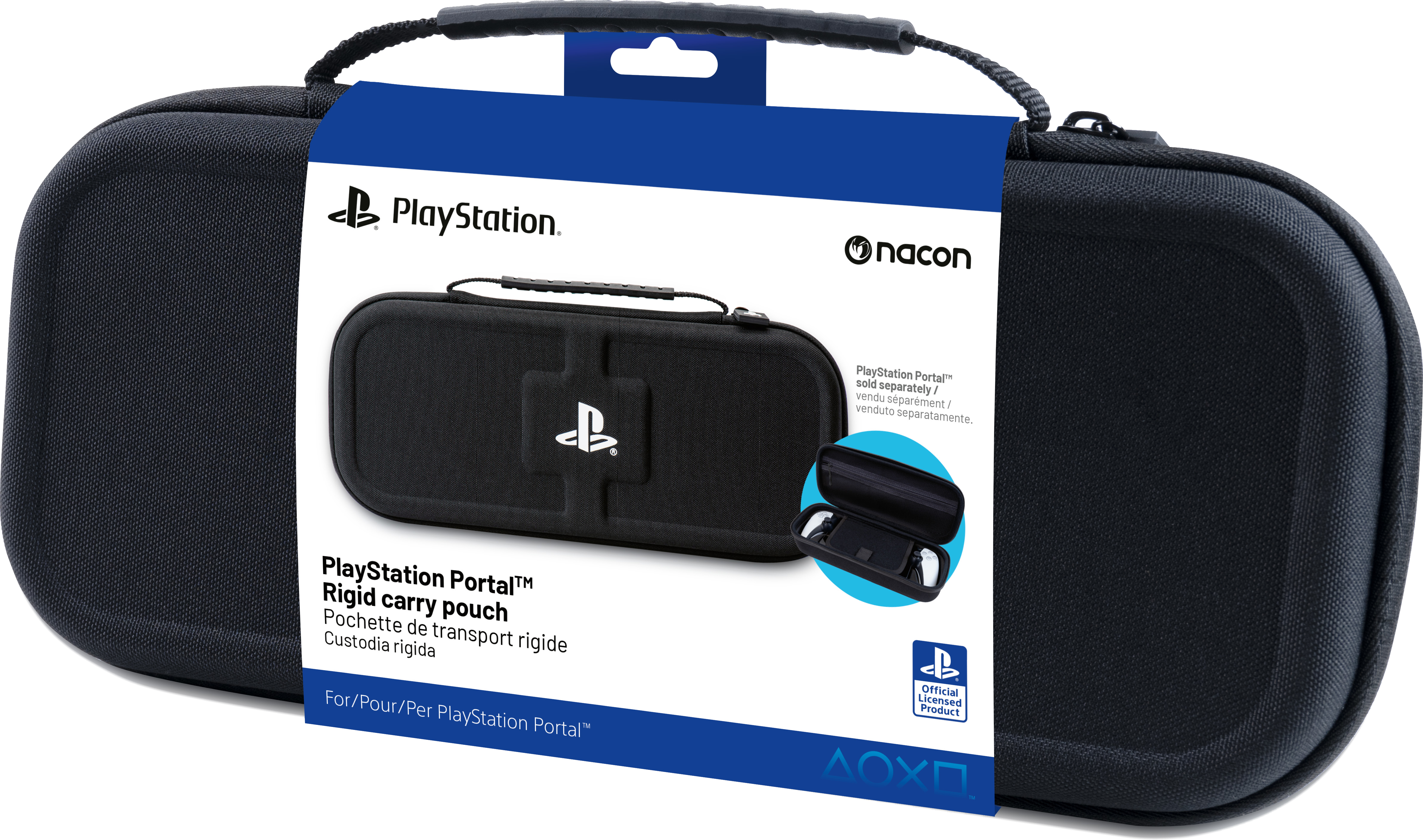 Eine schwarze Tragetasche für eine PlayStation Portal mit dem PlayStation-Logo.