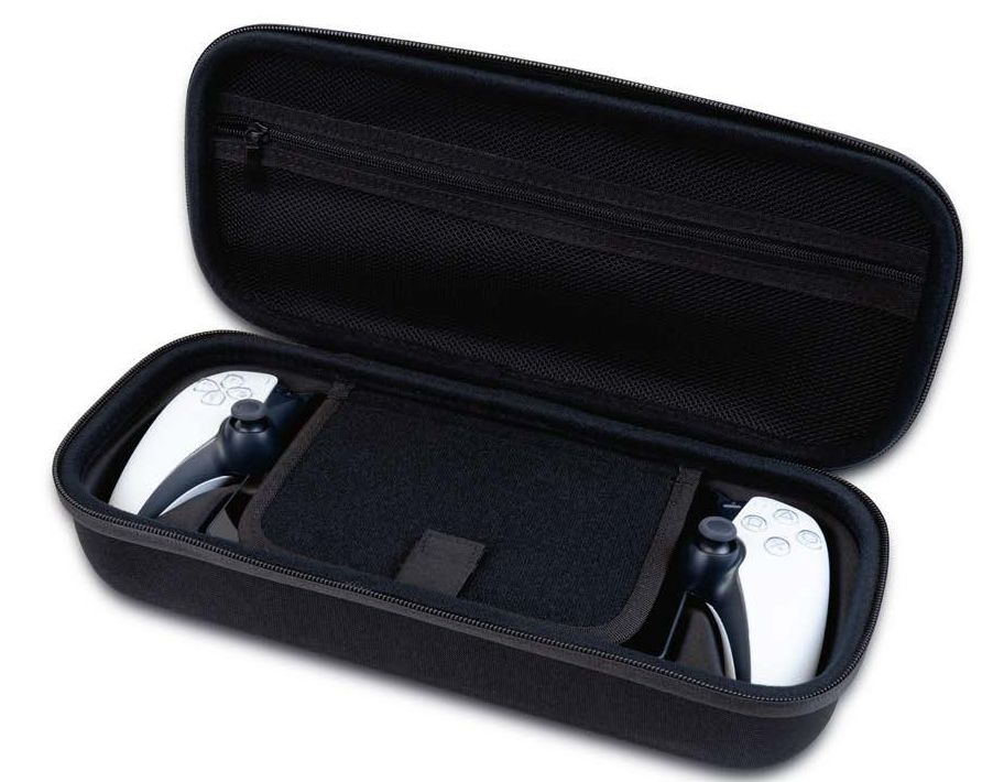 Eine schwarze Hülle mit zwei weiß-schwarzen Gamecontrollern darin.