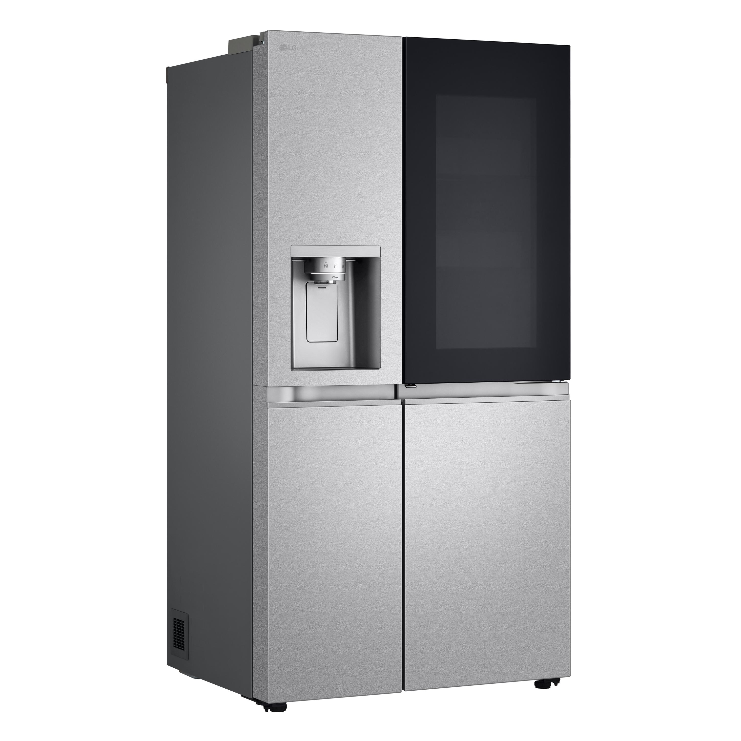 Silberner LG-Kühlschrank, nebeneinanderliegende Türen, Wasserspender.