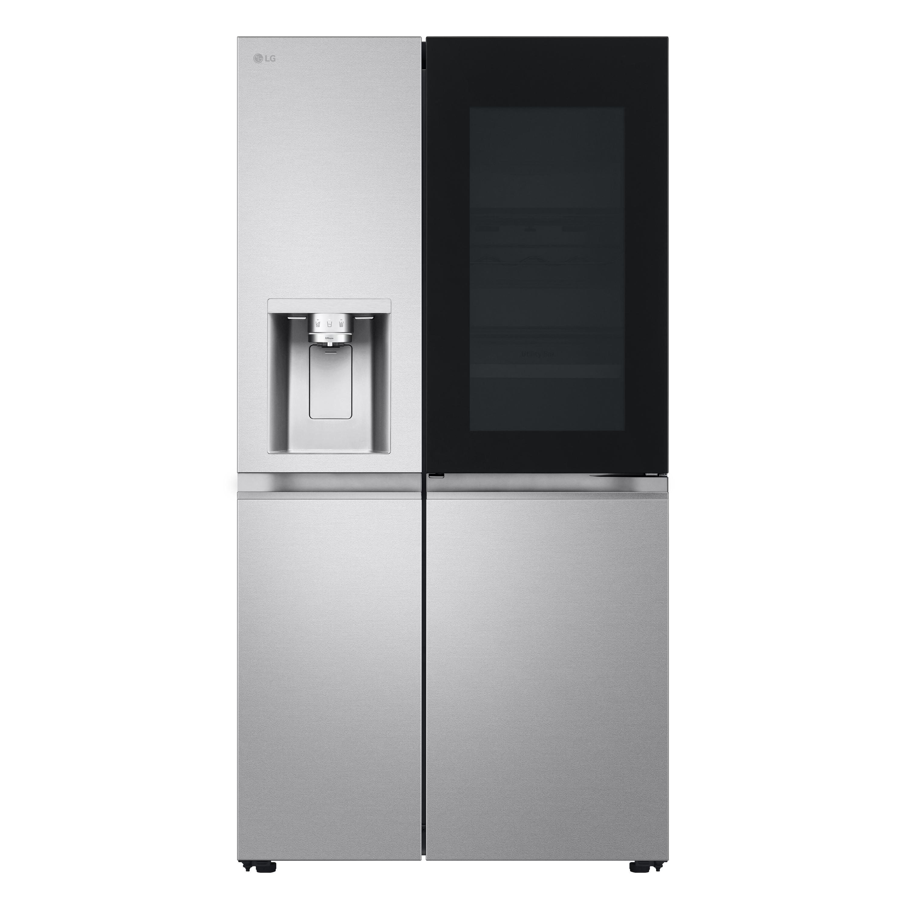Ein Edelstahl-LG-Kühlschrank mit vier Türen und einer schwarzen Glasscheibe auf der rechten Seite.