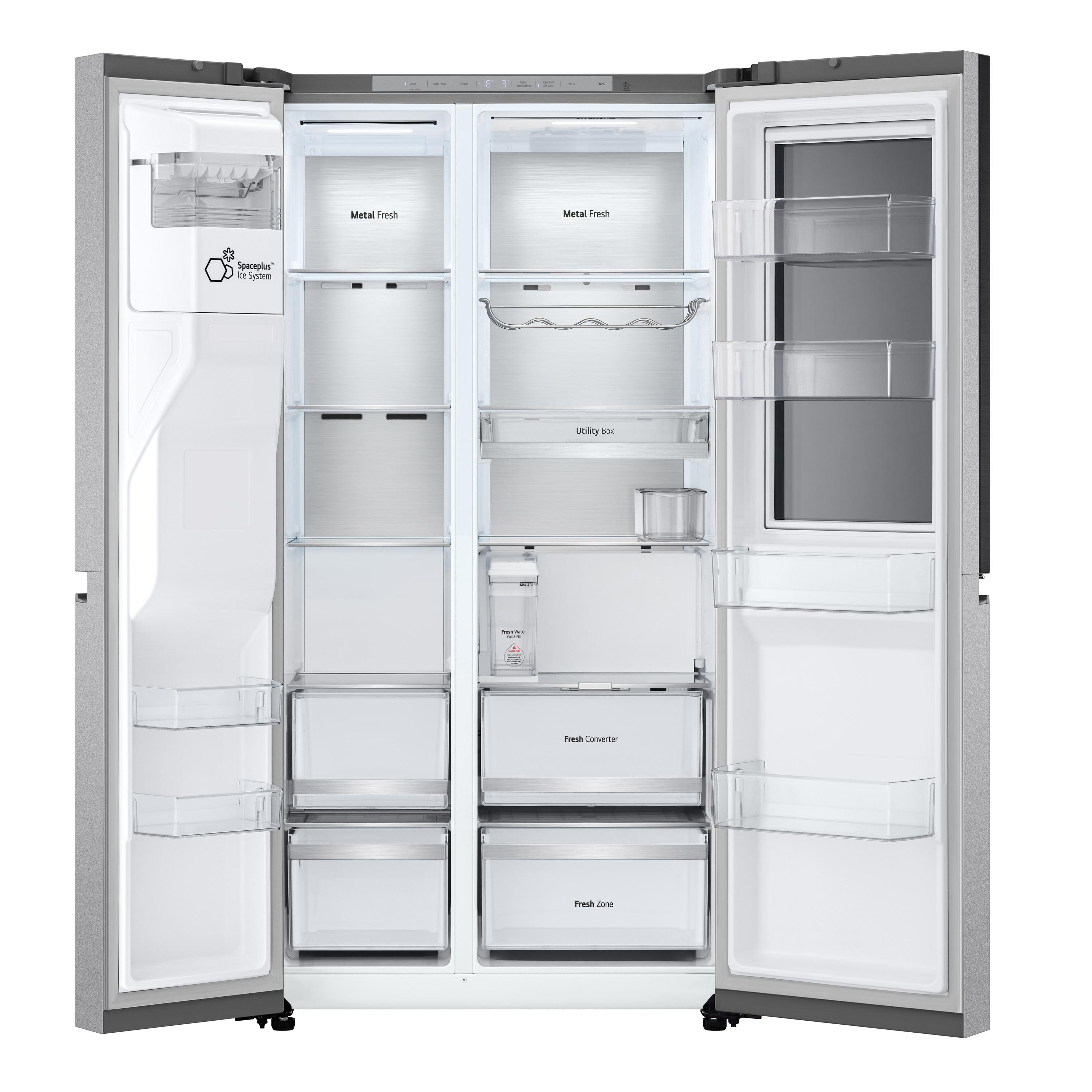 Ein großer Kühlschrank mit geöffneten Türen, der das Innere mit verschiedenen Fächern und Schubladen zeigt.