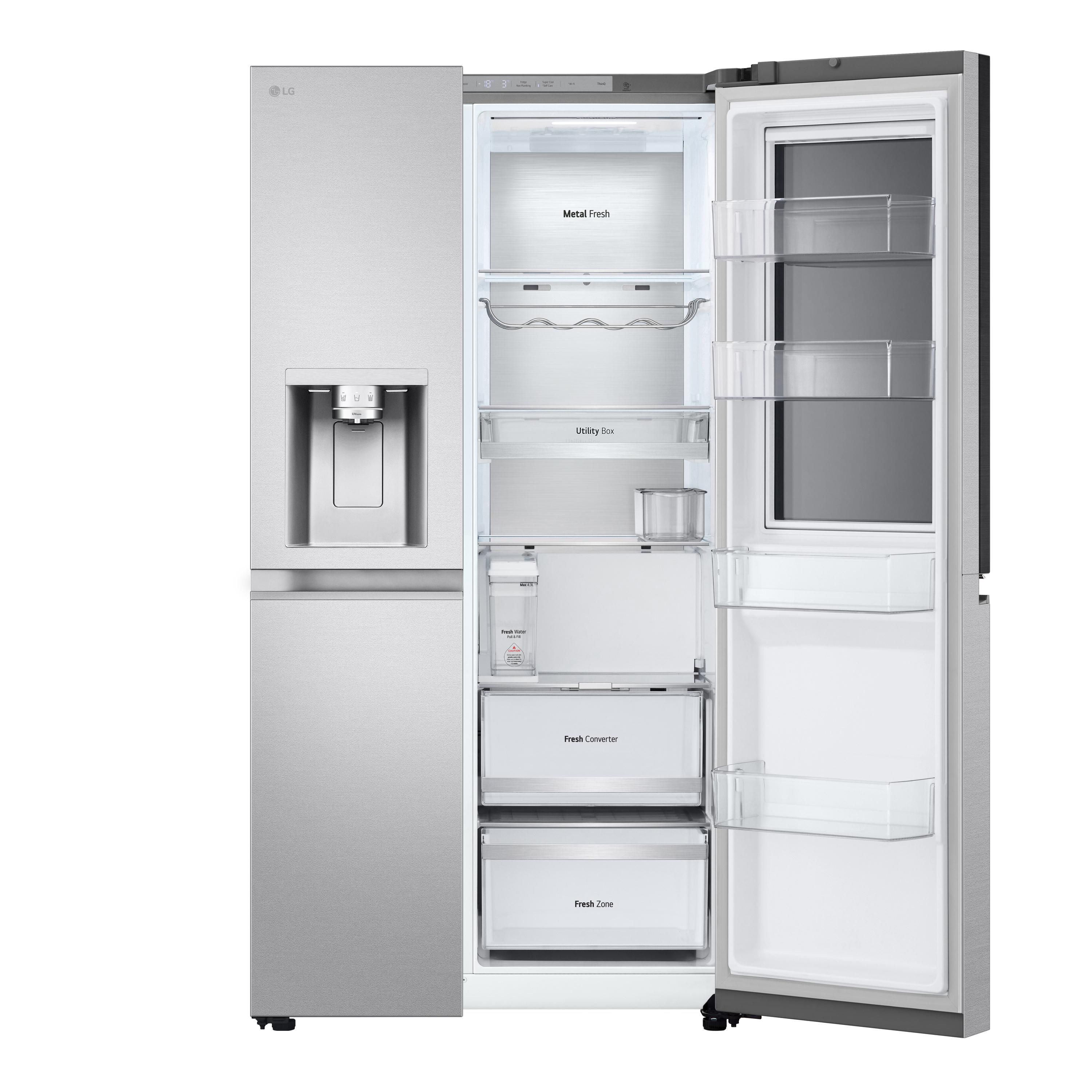 Offener Edelstahlkühlschrank mit mehreren Regalen, Schubladen und einem Eis-/Wasserspender.