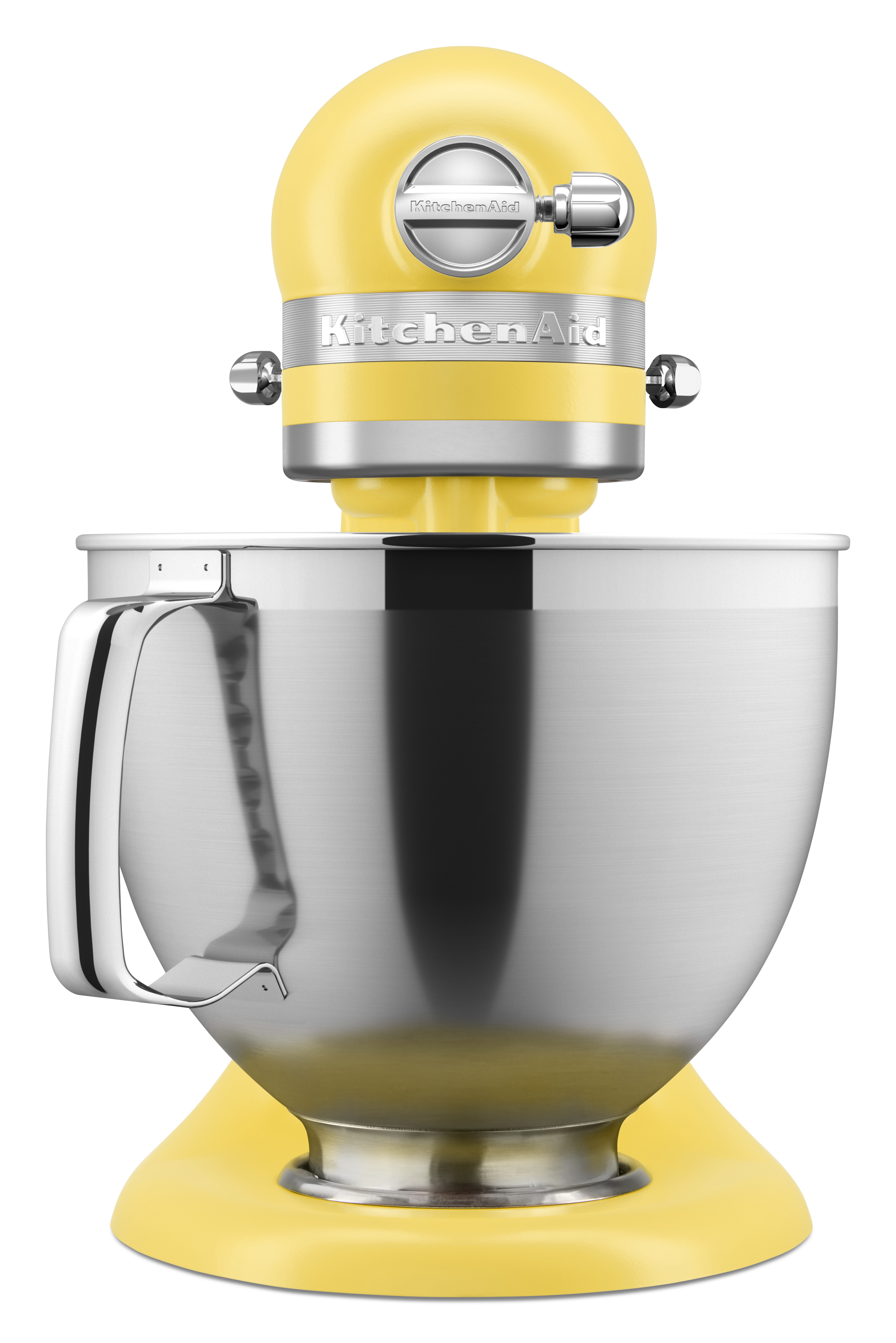 Gelber KitchenAid-Küchenmixer. Silberne Schüssel. Weißer Hintergrund. Der Kopf ist leicht zurückgekippt.