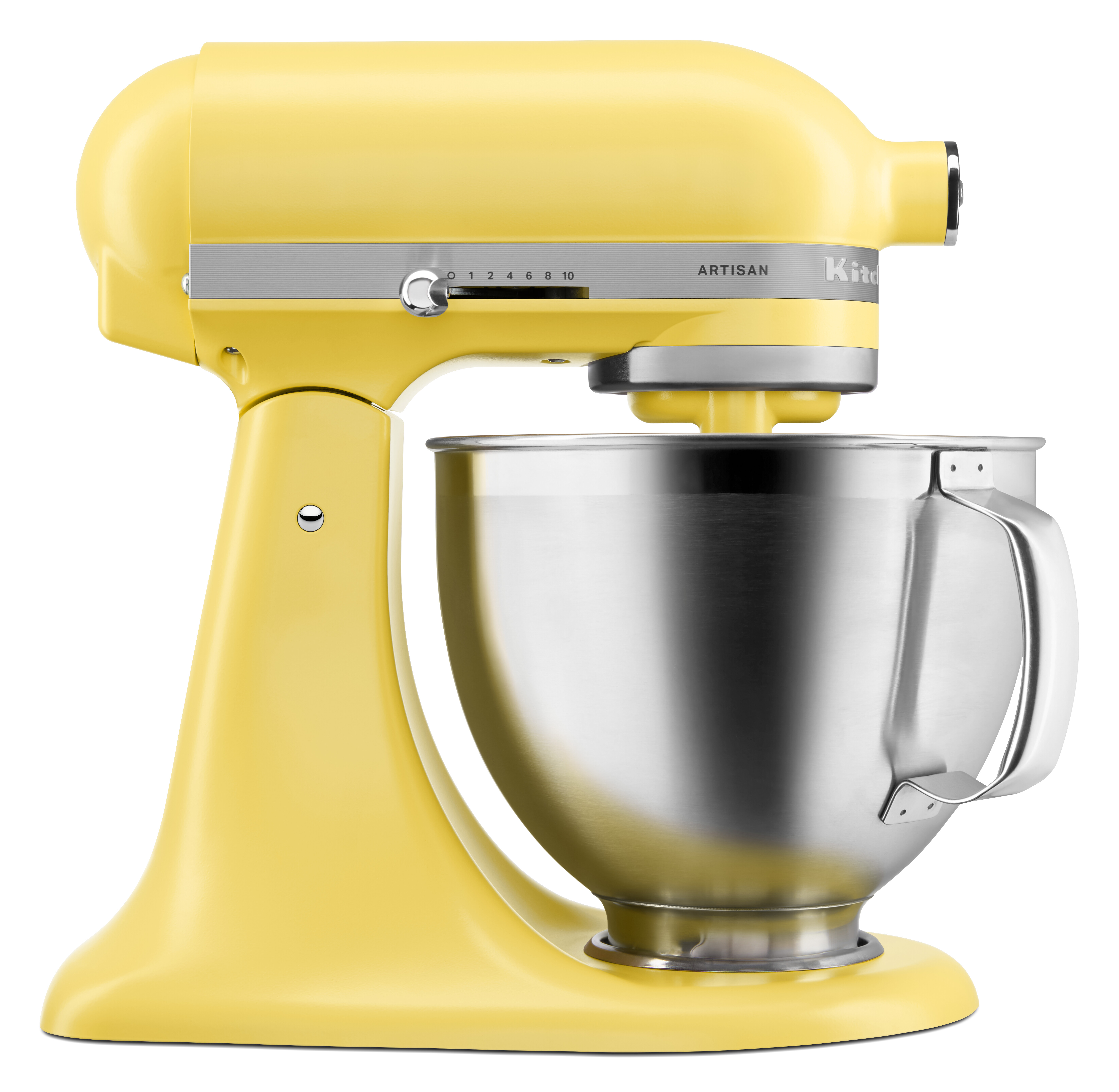 Ein gelber Küchenmixer auf weißem Hintergrund.