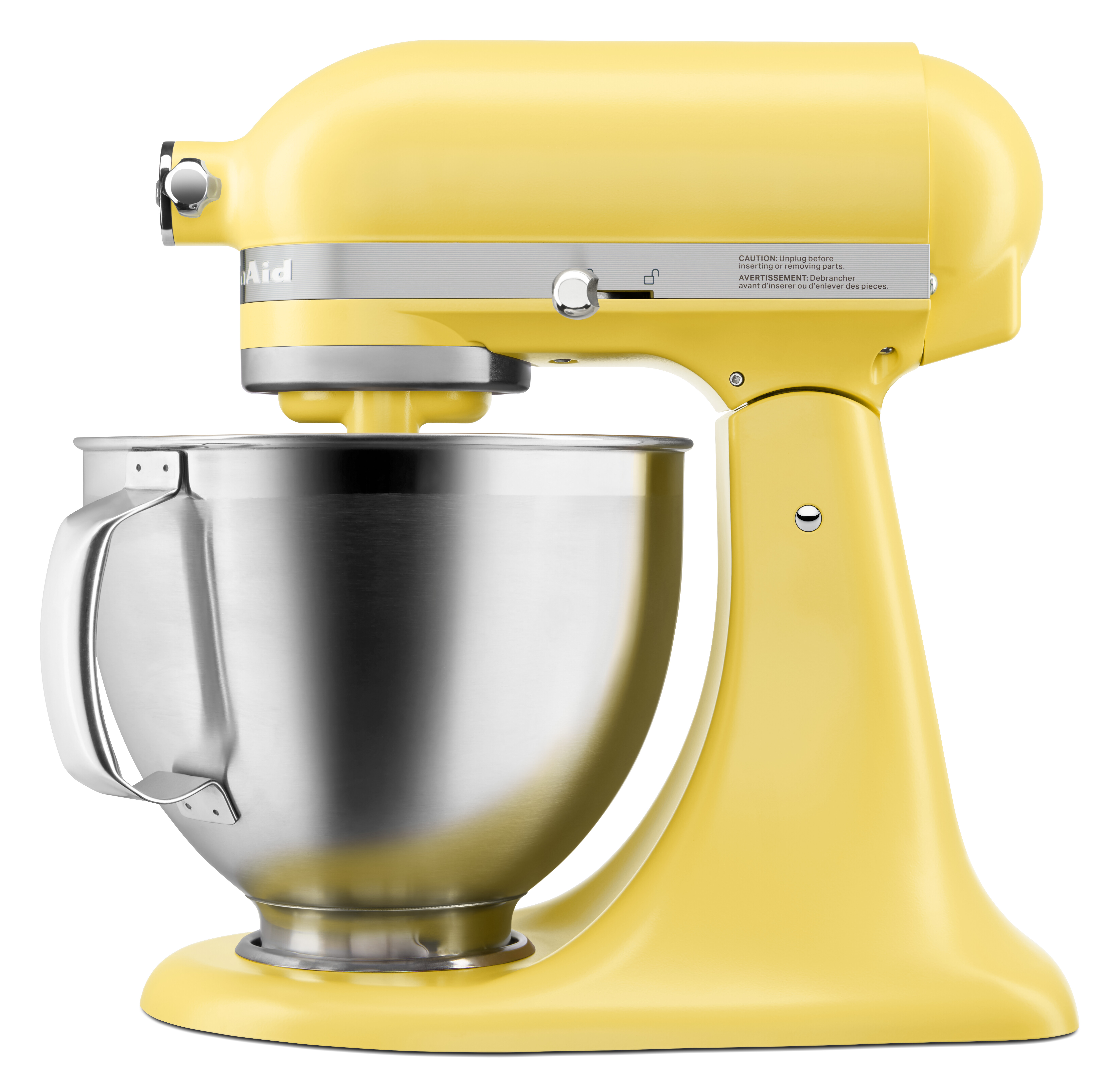 Ein gelber KitchenAid-Küchenmixer mit einer silbernen Schüssel.