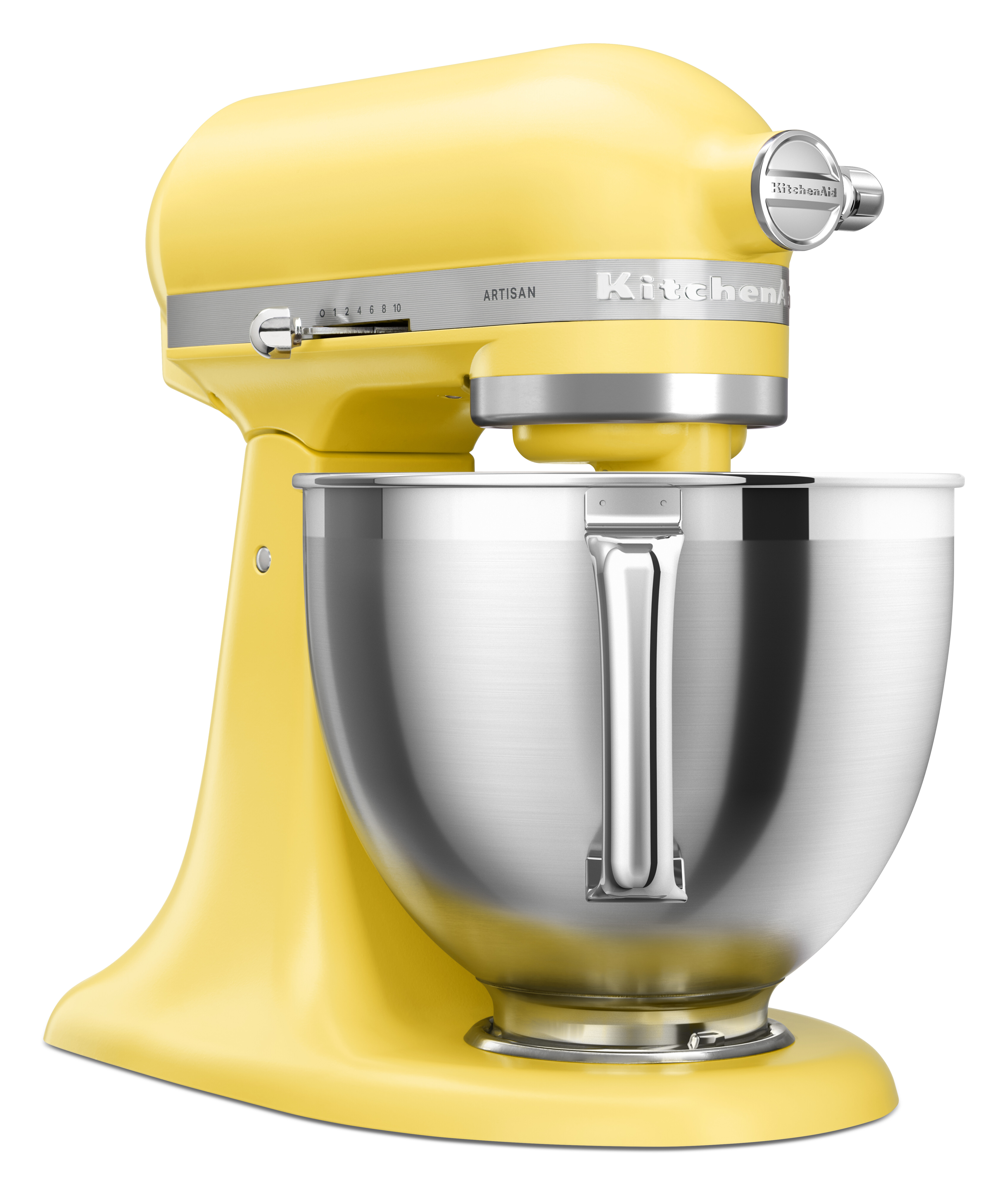 Ein gelber KitchenAid-Küchenmixer mit einer silbernen Rührschüssel.