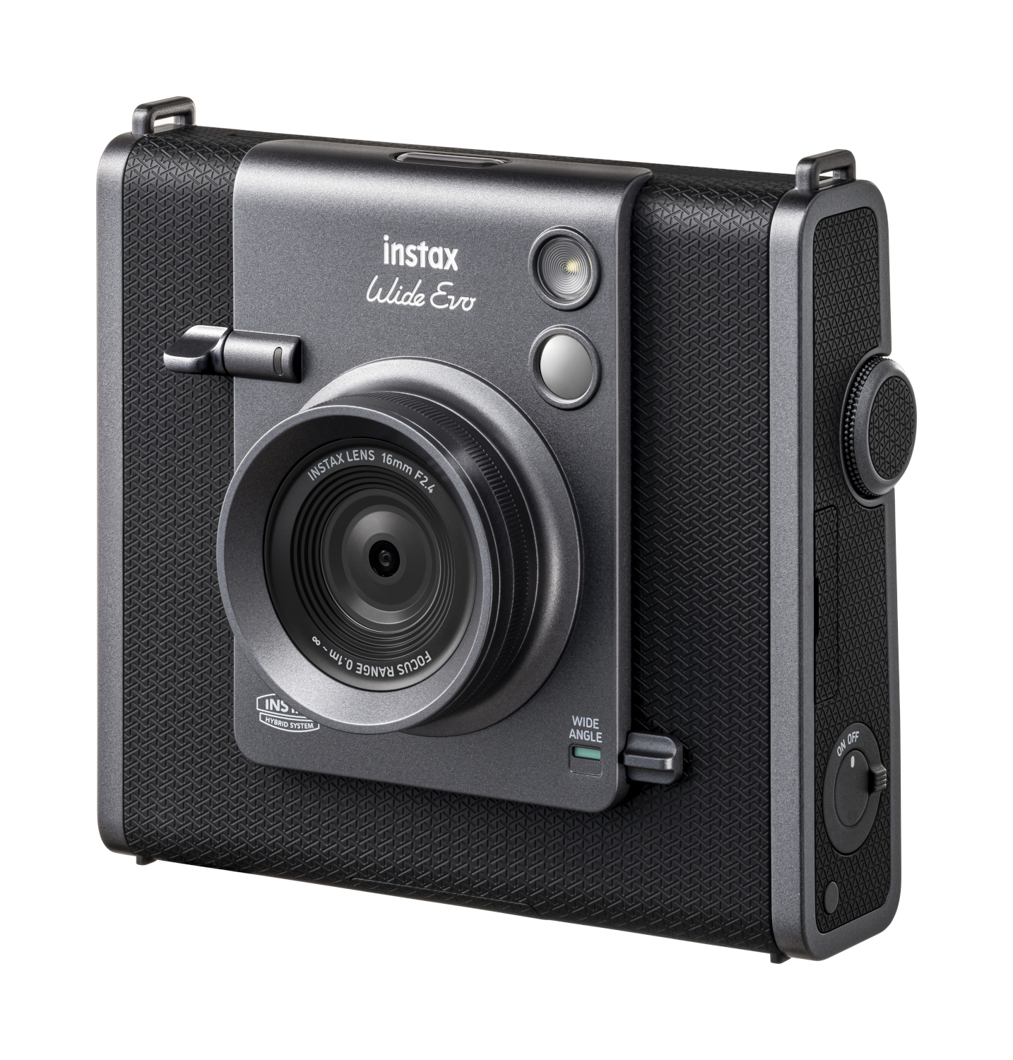 Instax Wide Evo camera, gray and black with a lens and on/off button.
