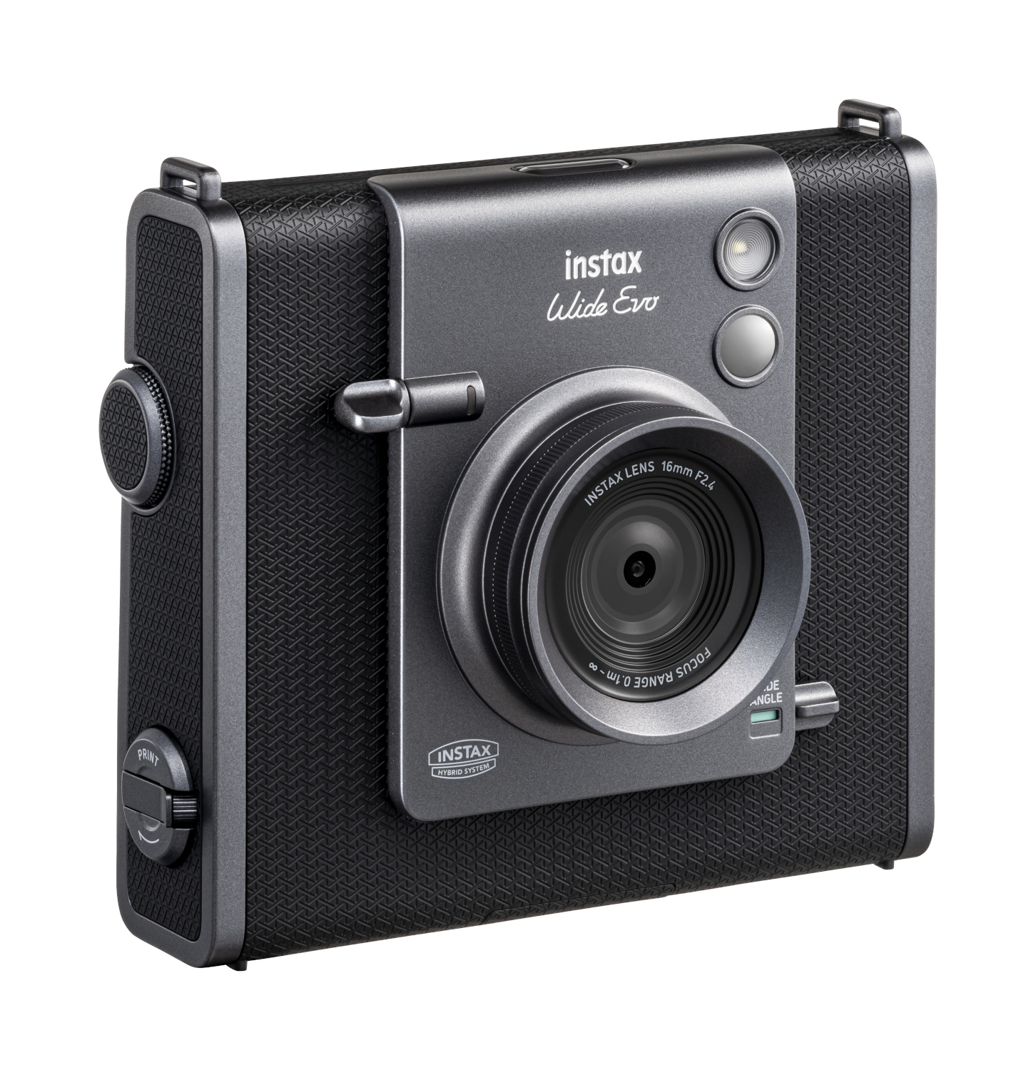 A black instax wide evo camera on a white background.