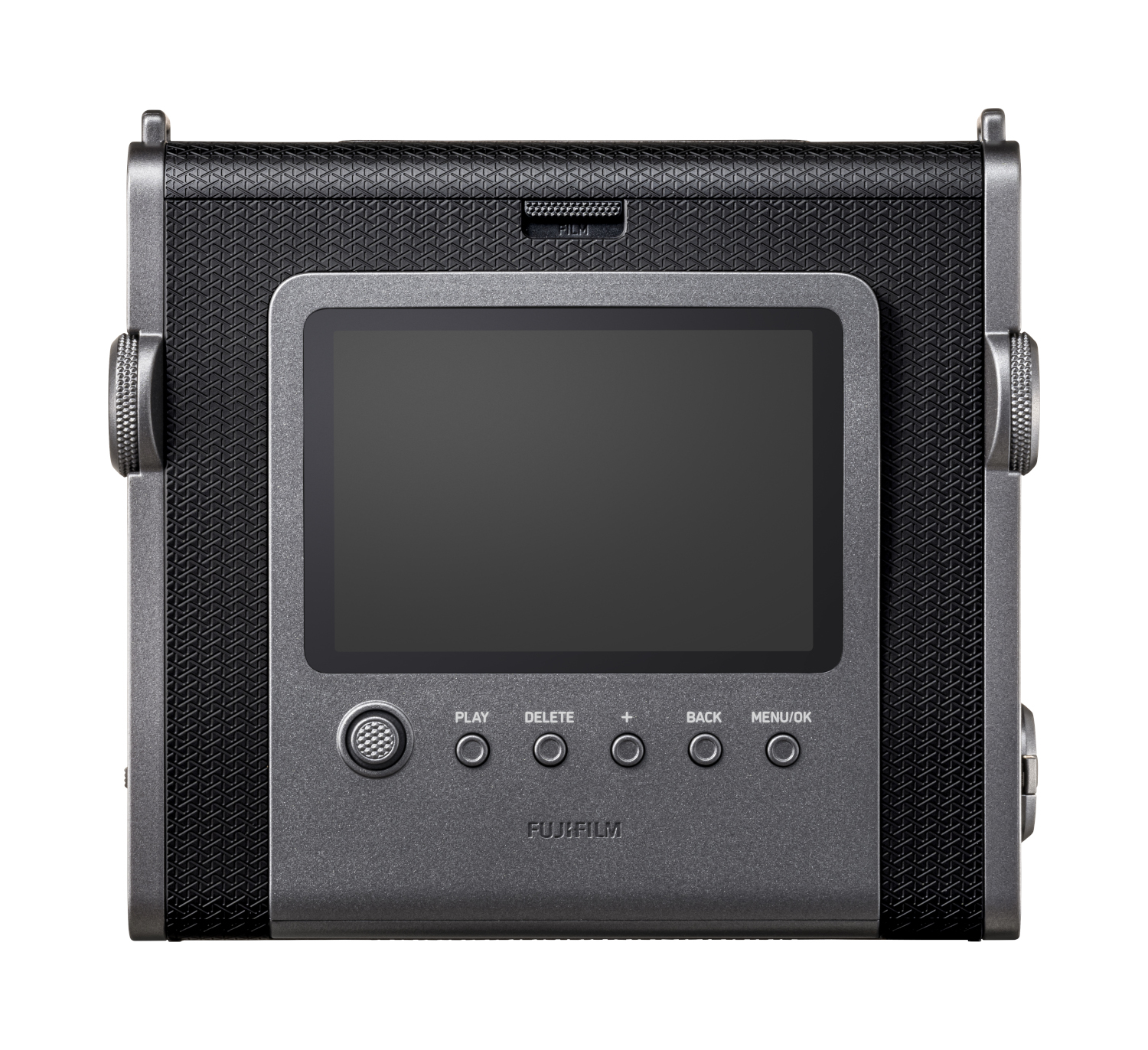 A black and gray instant camera with a screen and buttons, with the Fujifilm brand on it.