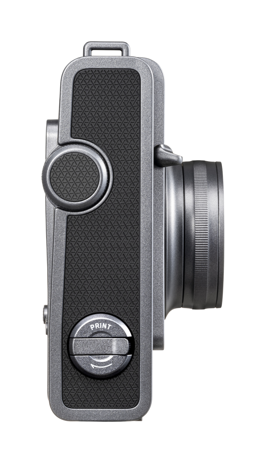 Silver camera side view, with print button visible.