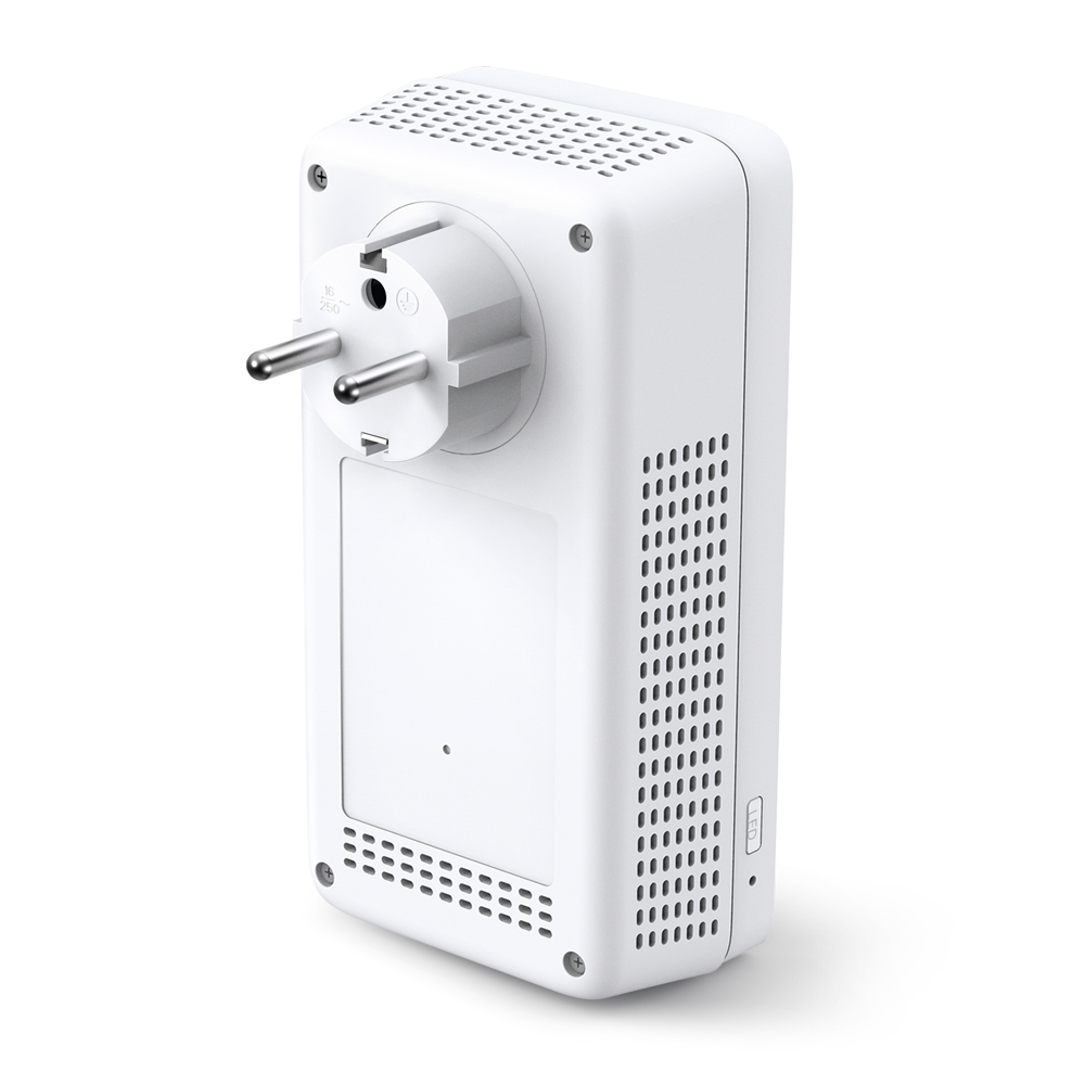 Ein weißer Powerline-Adapter mit europäischem Stecker, der seine Funktionen zeigt.