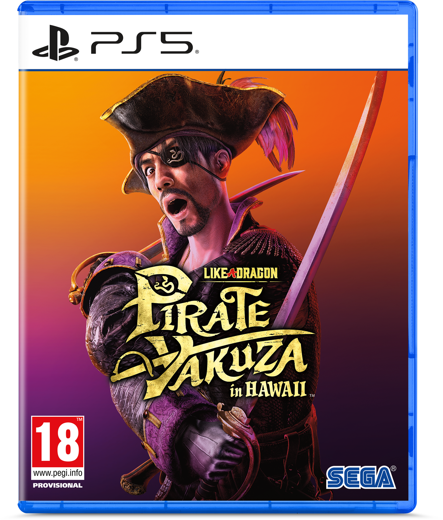 Okładka gry na PS5: Like a Dragon: Pirate Yakuza in Hawaii. Przedstawia postać pirata z mieczem.
