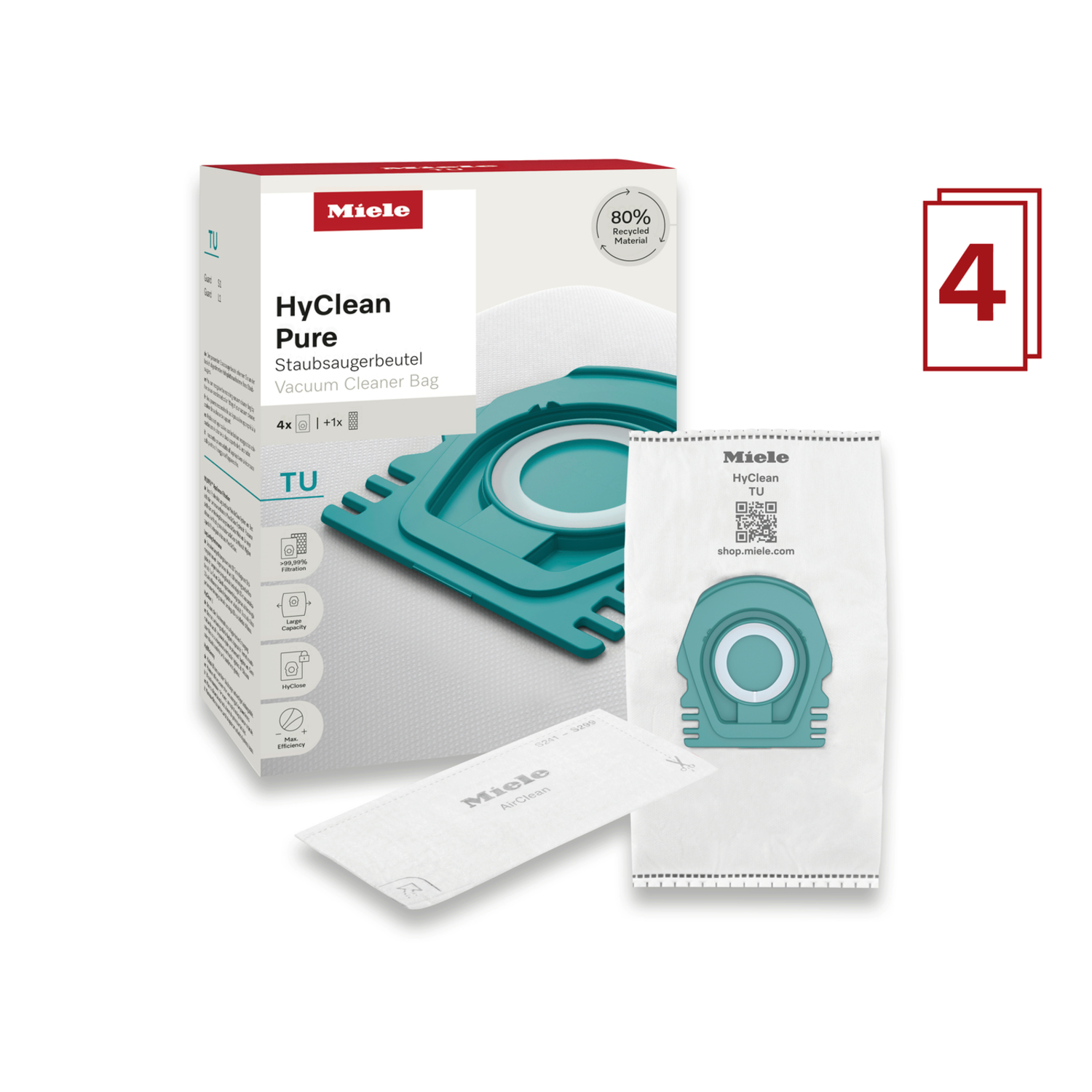 Miele stofzuigerzakken. Doos- en zakillustratie. Tekst: HyClean Pure.