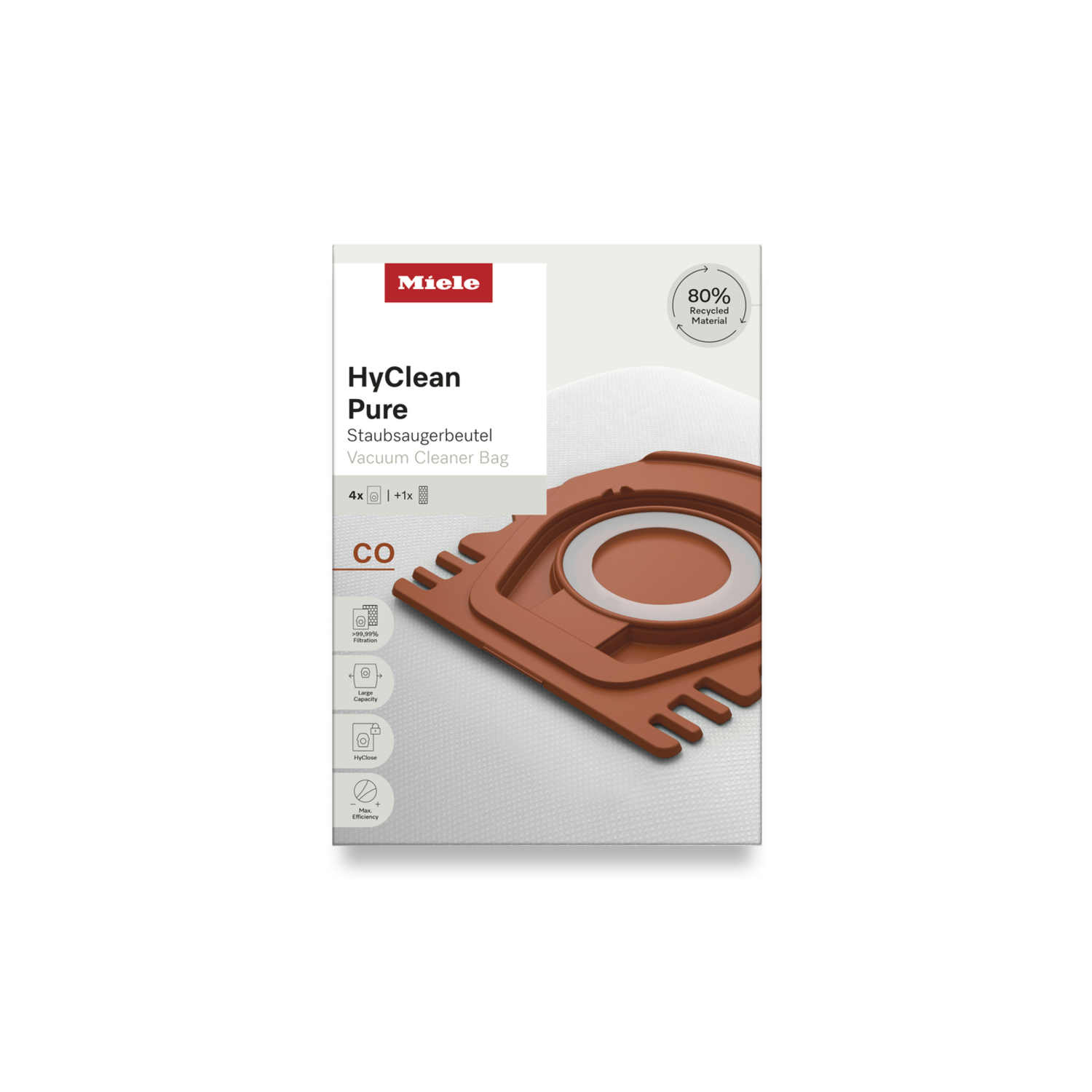 Een doos Miele HyClean Pure stofzuigerzakken, met een recycling symbool.