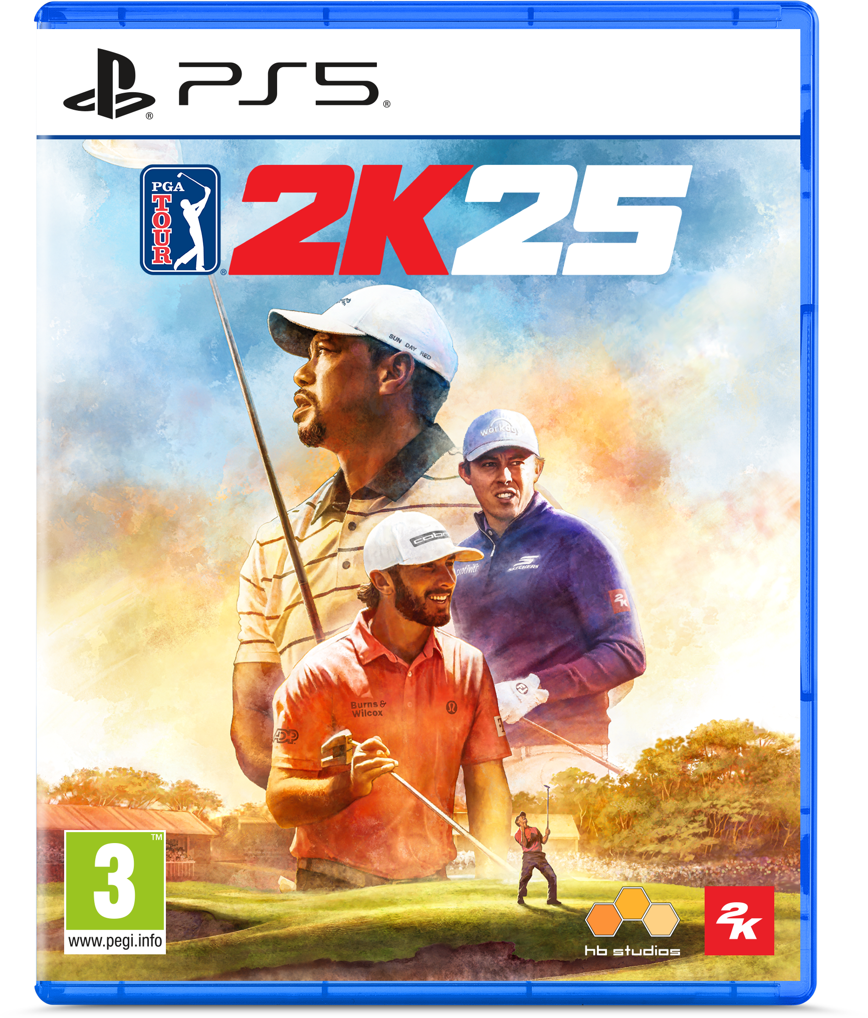 Okładka gry na PS5 dla PGA Tour 2K25, z graczami w golfa i logo gry.