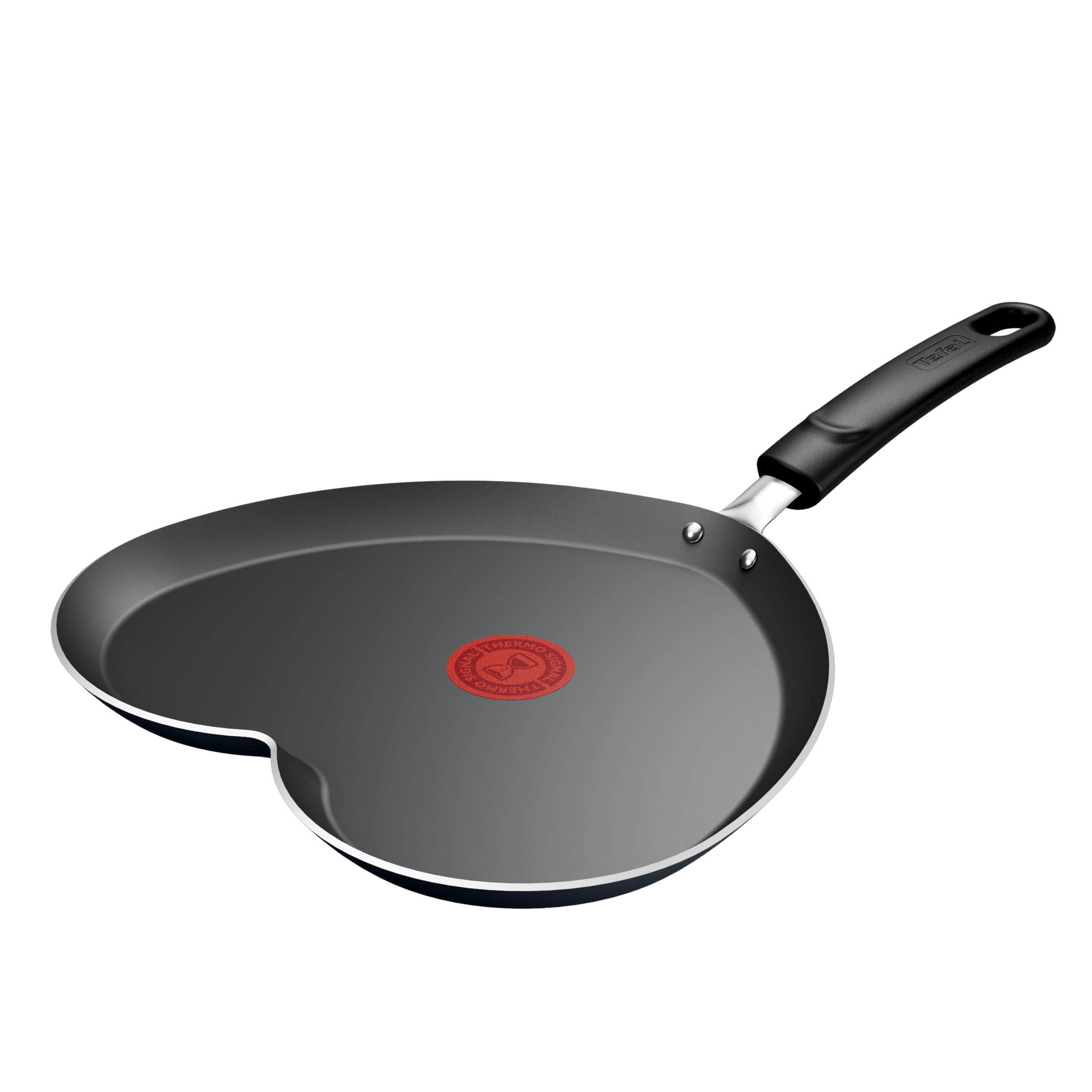 Patelnia w kształcie serca. Czarna patelnia z długim czarnym uchwytem. Czerwone koło blisko środka.