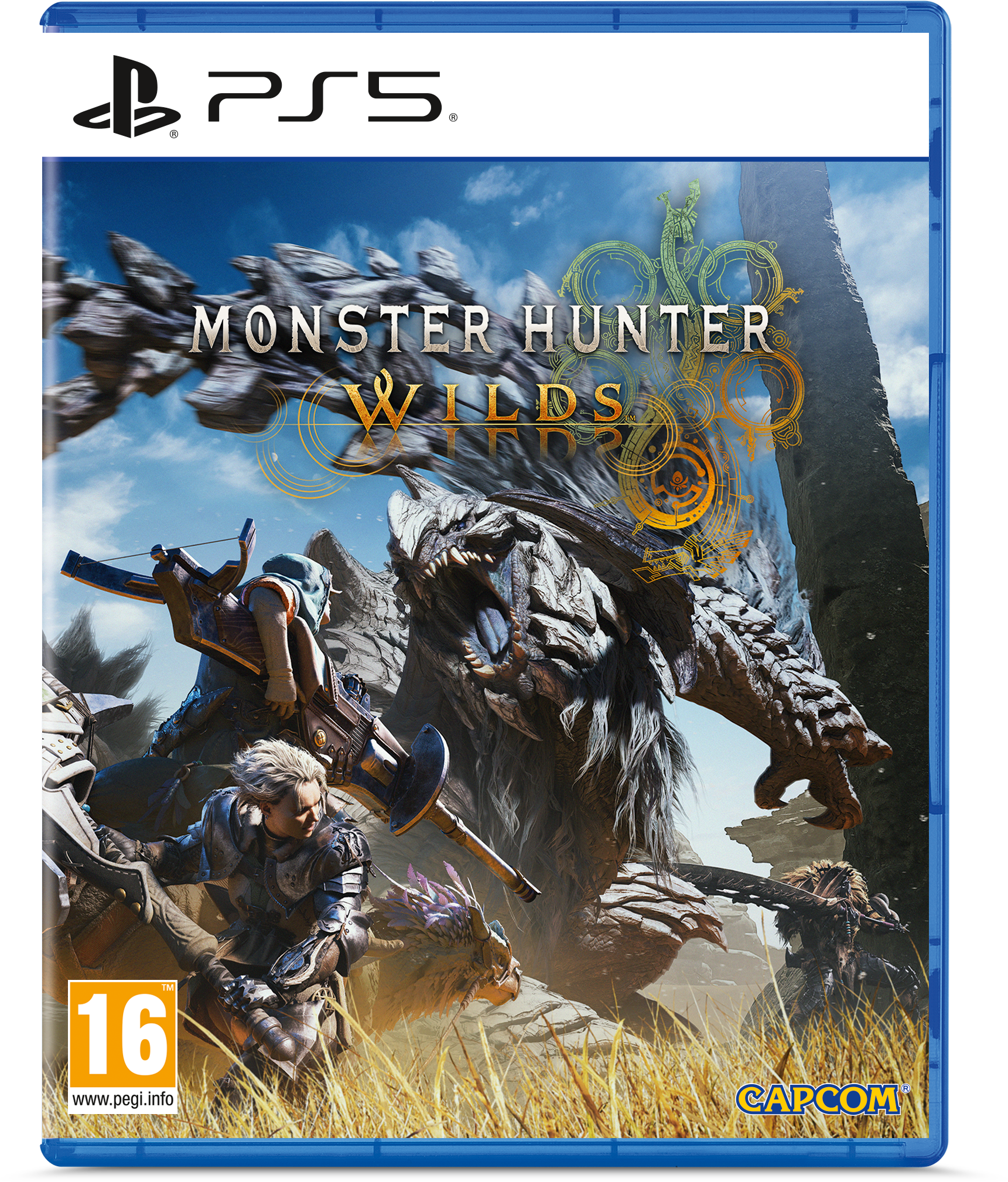 Grafika okładki gry wideo. Monster Hunter Wilds. Postacie z bronią stają naprzeciw potwora. Niebieskie tło.