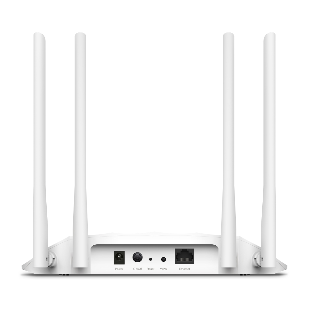 Ein weißer Router mit vier Antennen, der die Rückseite mit Anschlüssen und Knöpfen zeigt.