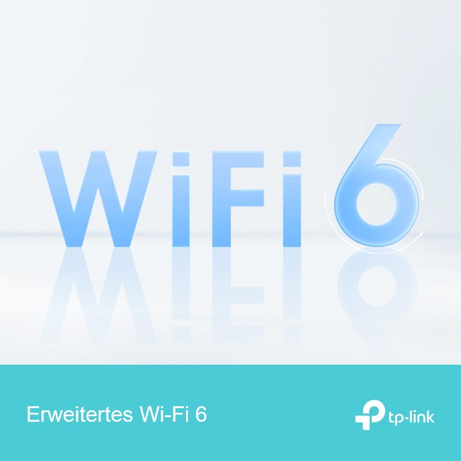 Blauer Text 'WiFi 6' auf weißem Hintergrund. Ein tp-link-Logo in der Ecke.