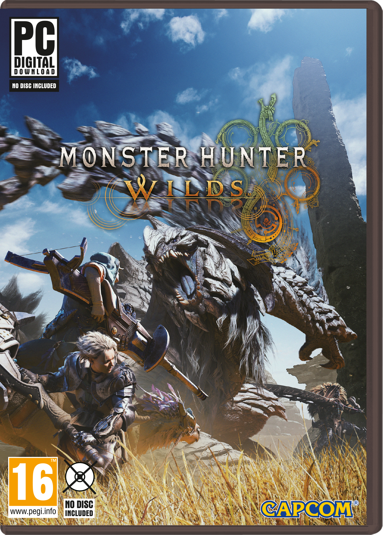 Pudełko z grą Monster Hunter Wilds. Grafika przedstawia potwora i myśliwego na tle błękitnego nieba.