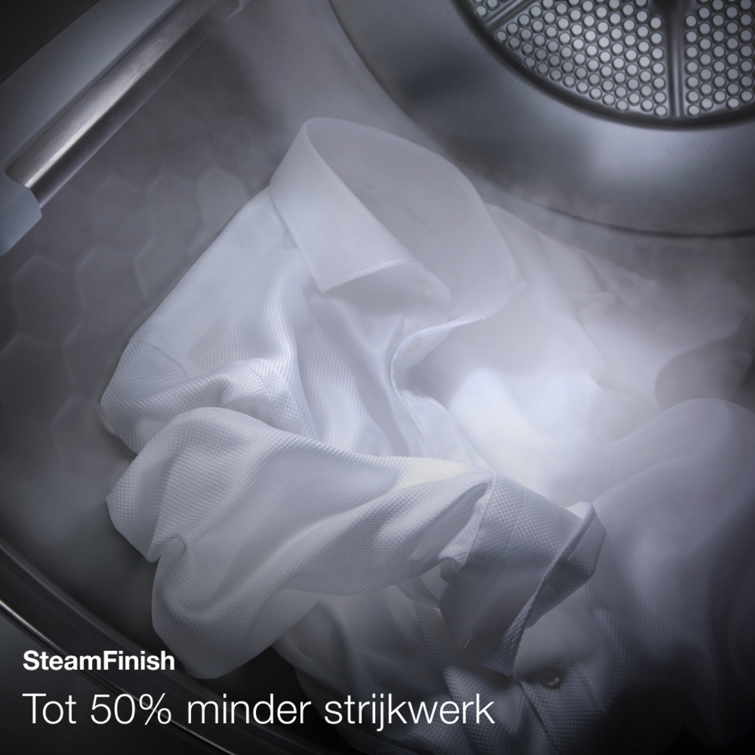 White shirt inside a washing machine with steam. Text says SteamFinish.