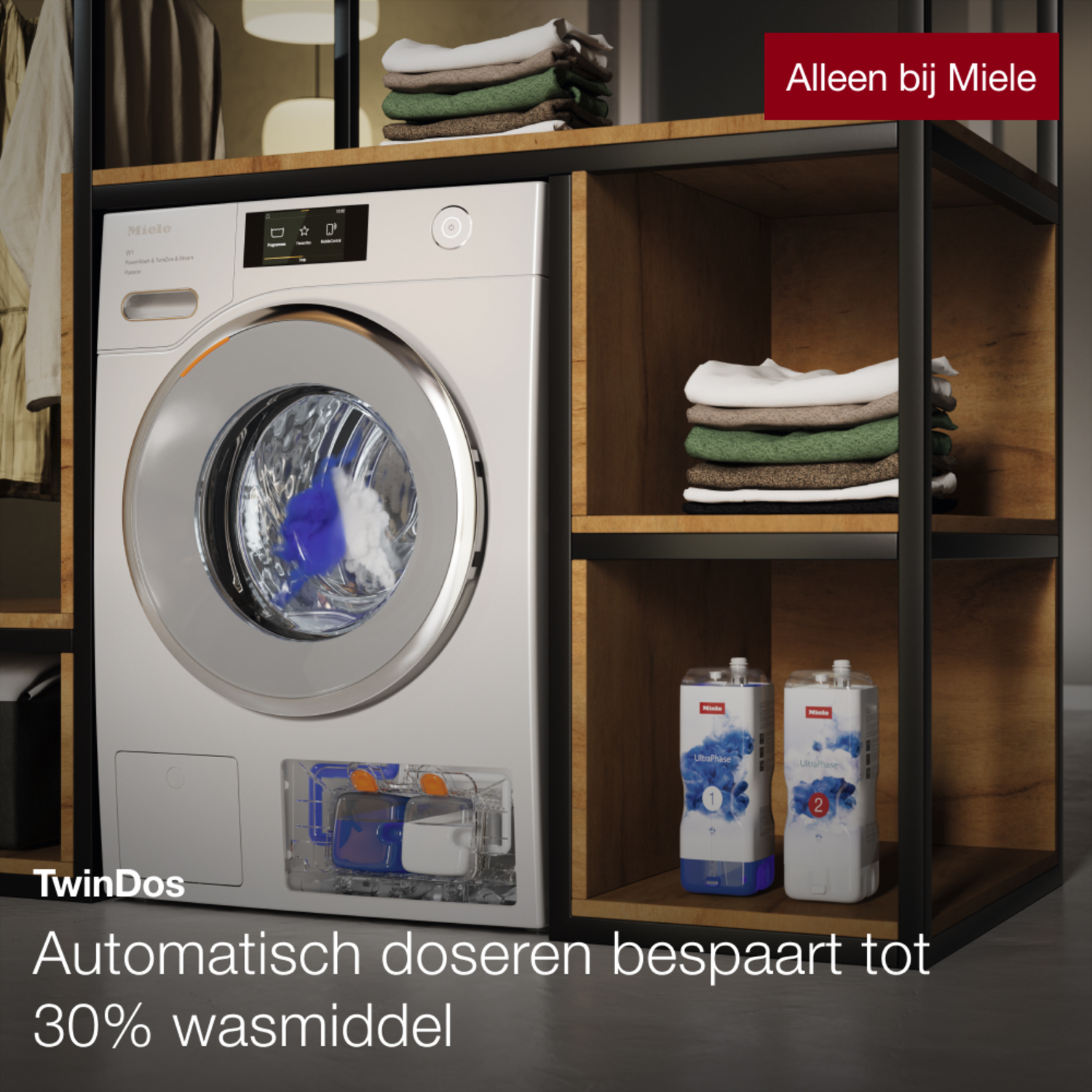 A white washing machine with a blue detergent container inside and two bottles.