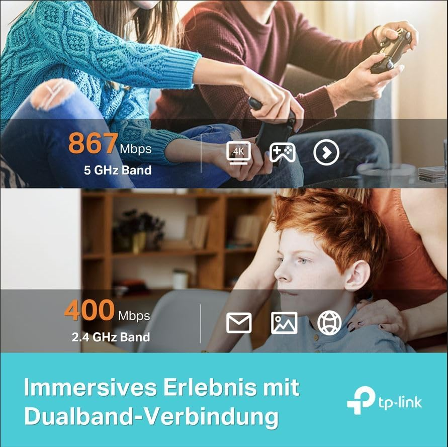Personen, die Geräte benutzen, einer spielt, einer surft, mit 4K- und Mbit/s-Text.