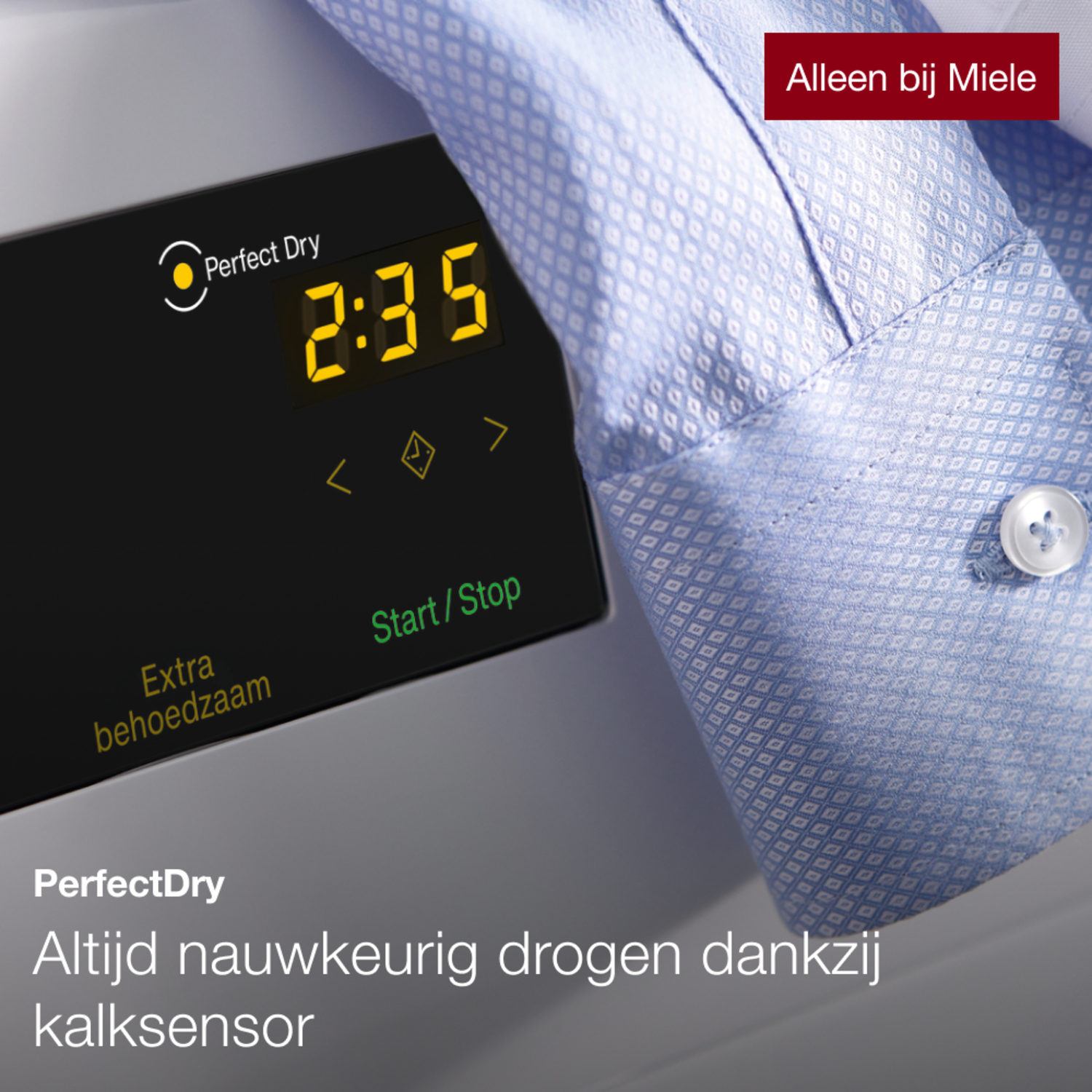 Close up of a Miele machine display. Text says PerfectDry.