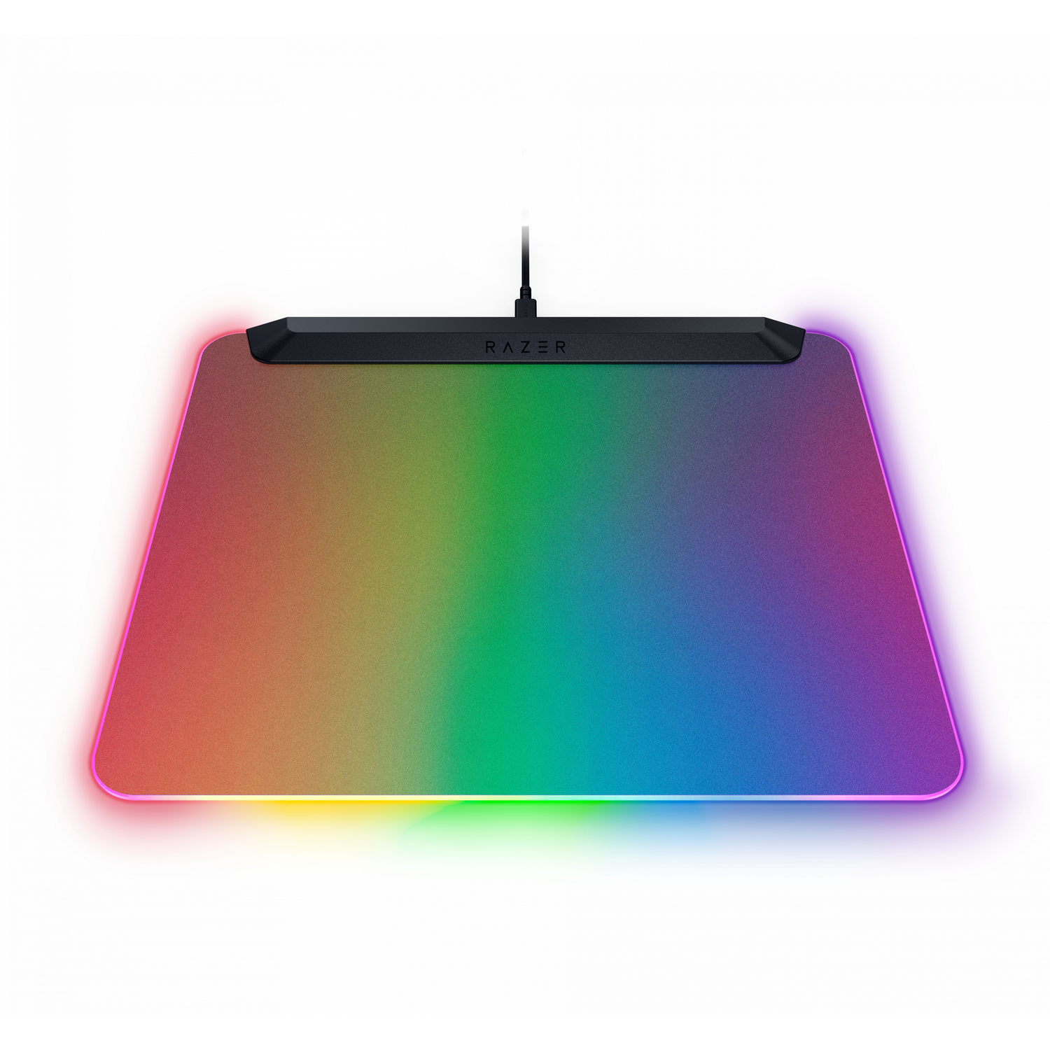 Razer gaming mouse pad. The pad has a rainbow gradient and a black top bar with text.