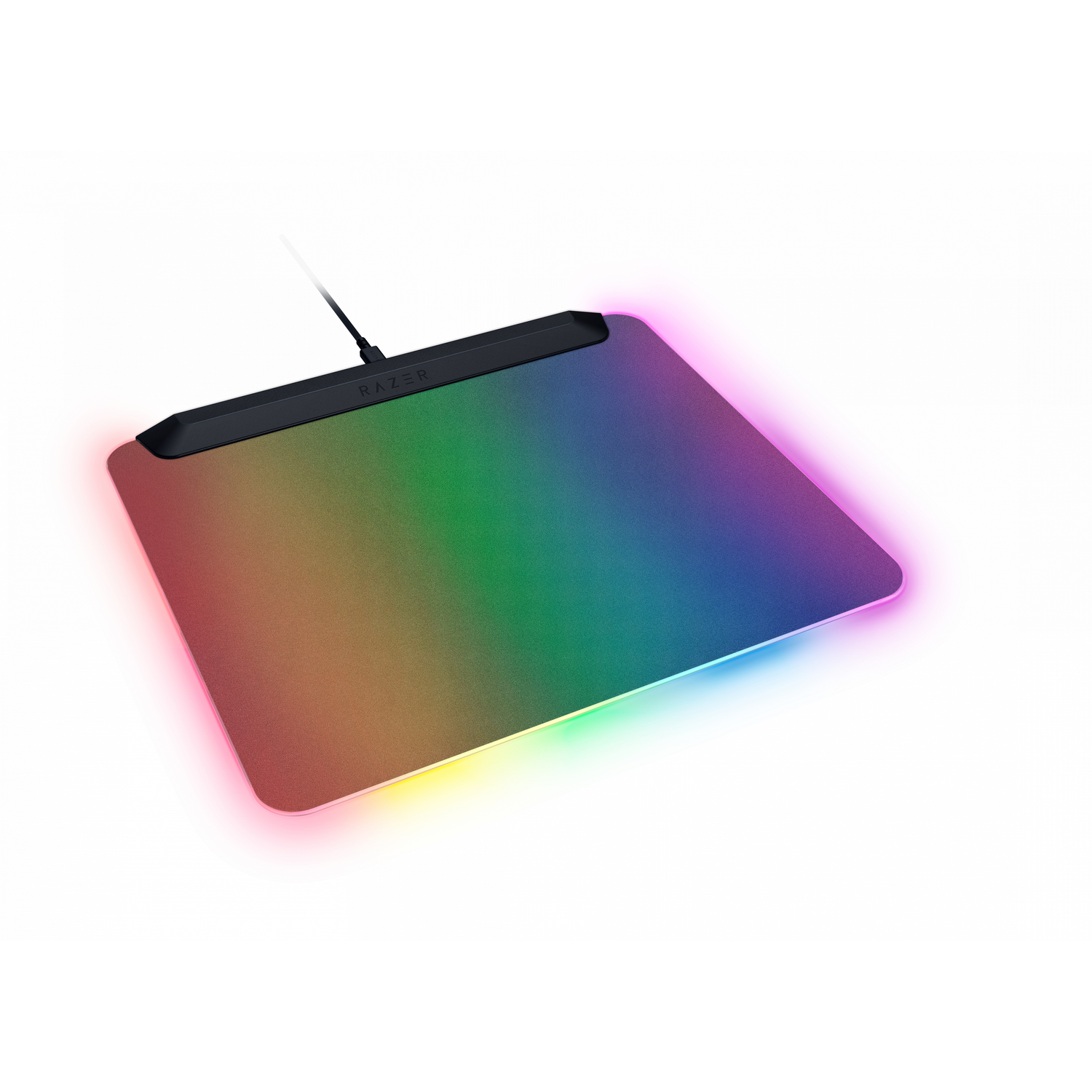 Colorful Razer mousepad with rainbow gradient and black edges.