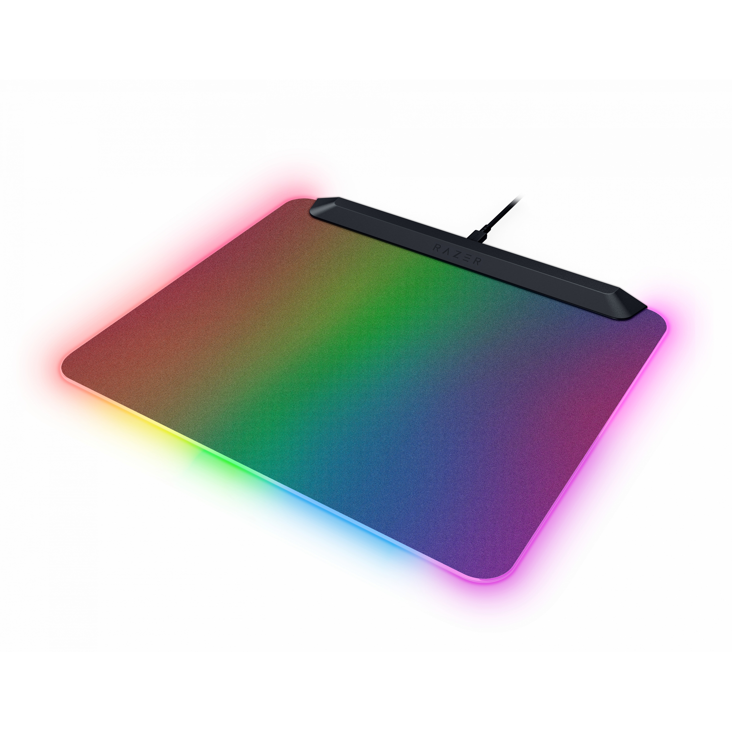 Square RGB gaming mousepad, rainbow colors. Black strip at top with 'RAZER'. White background.