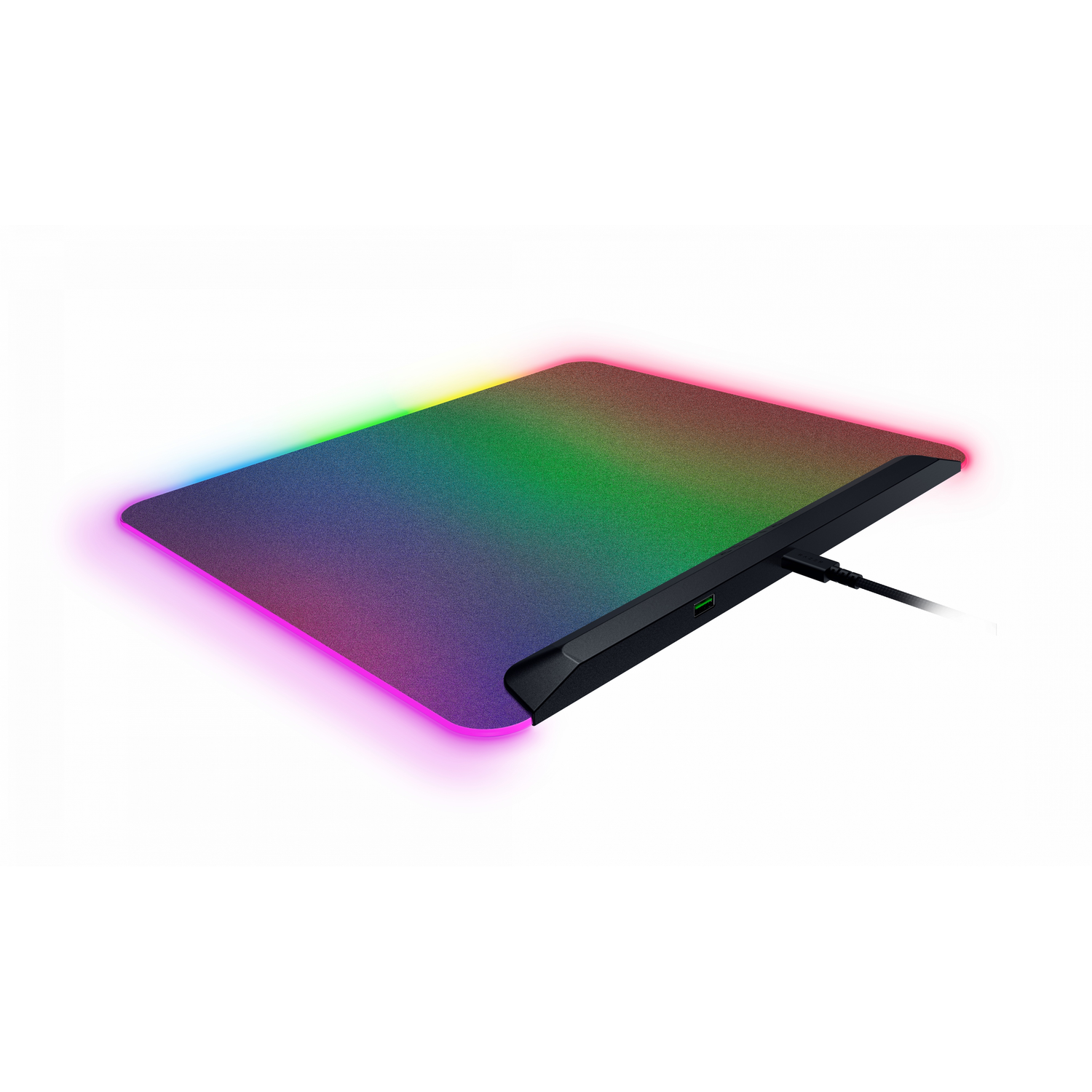 A Razer mousepad with a colorful edge and a black cable. The surface is black.