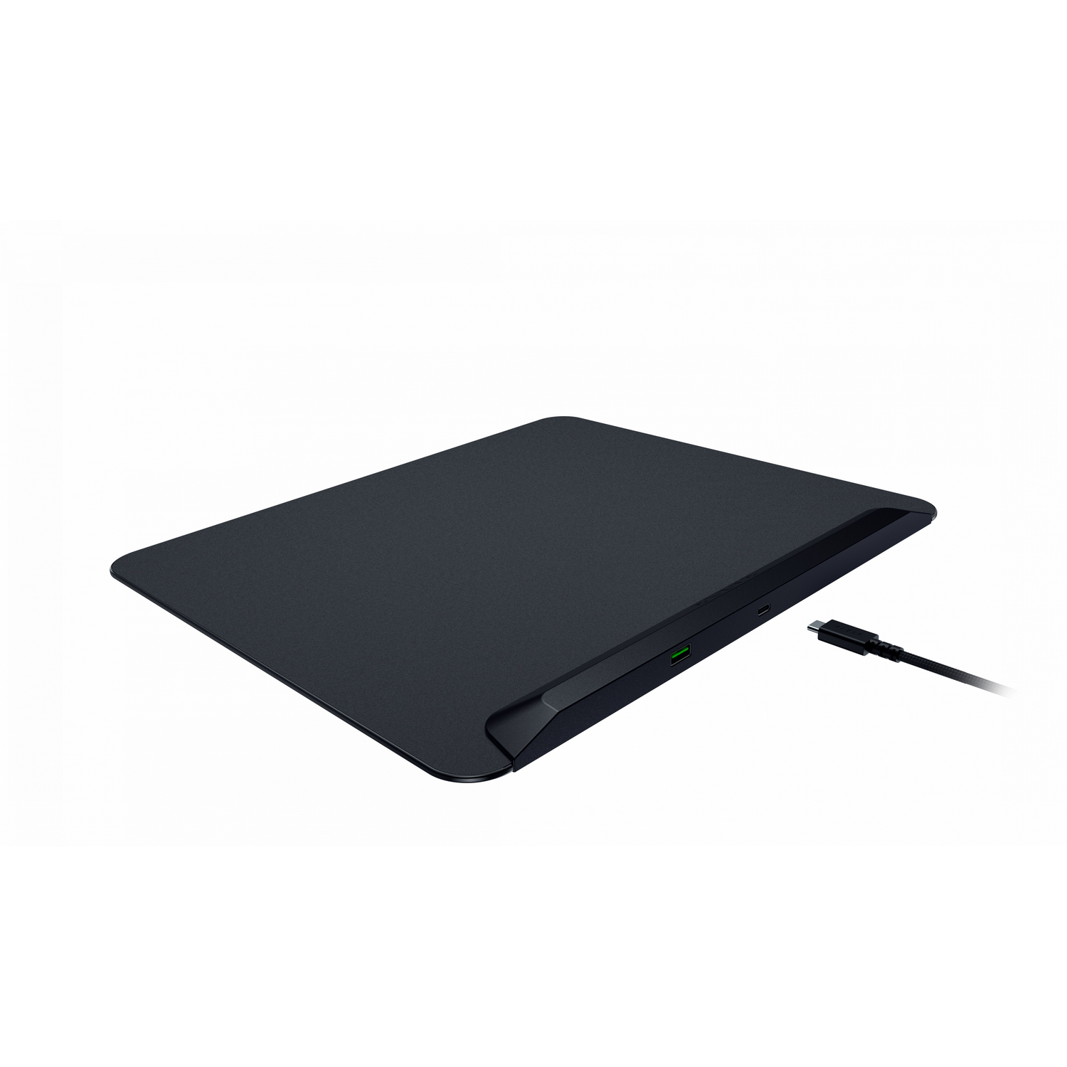 Black, rectangular Razer mousepad with a USB-C cable.