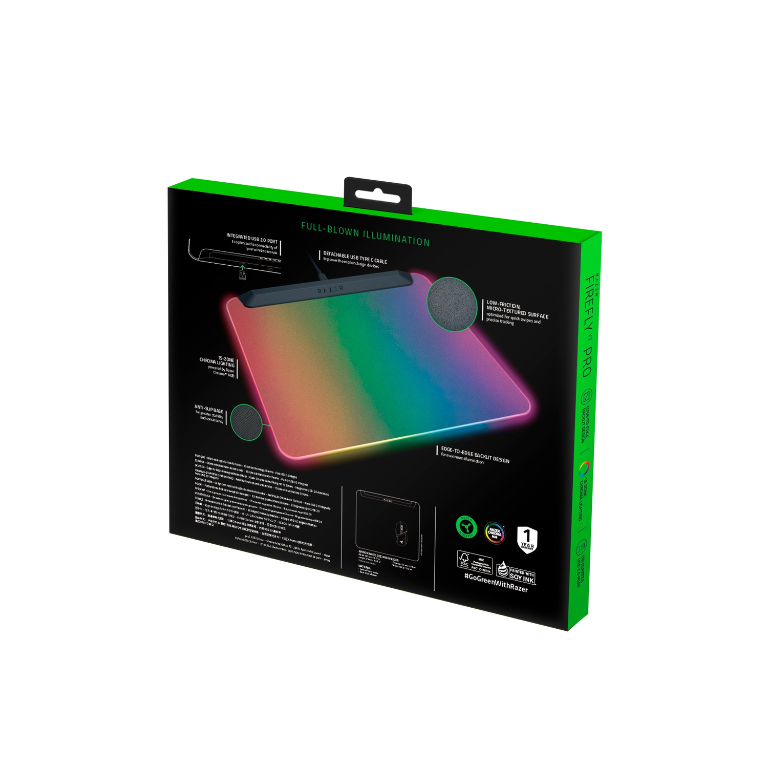 Box for a gaming mousepad. Green and black design. Includes info graphics and product features.