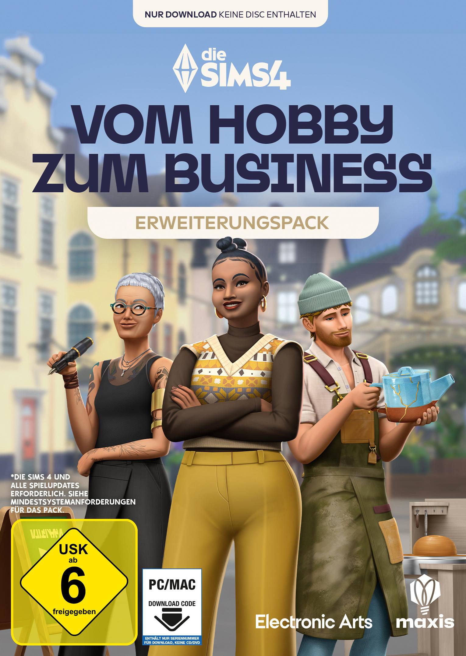 Die Sims 4 Spielbox. Drei Charaktere auf dem Cover. Titel: Vom Hobby Zum Business. PC/Mac Download.