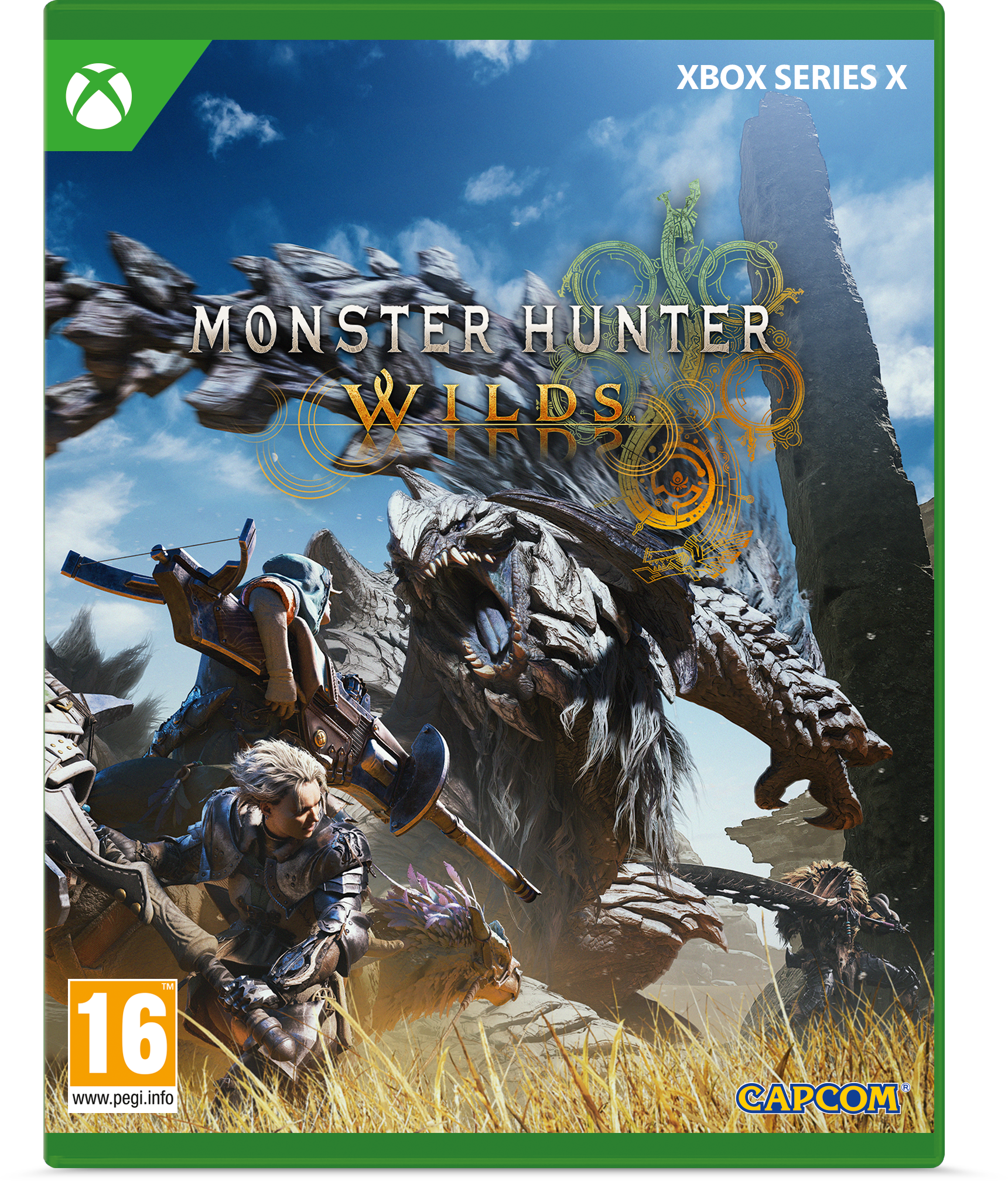 Okładka gry Monster Hunter Wilds, z potworami i łowcami w krajobrazie, Xbox Series X.