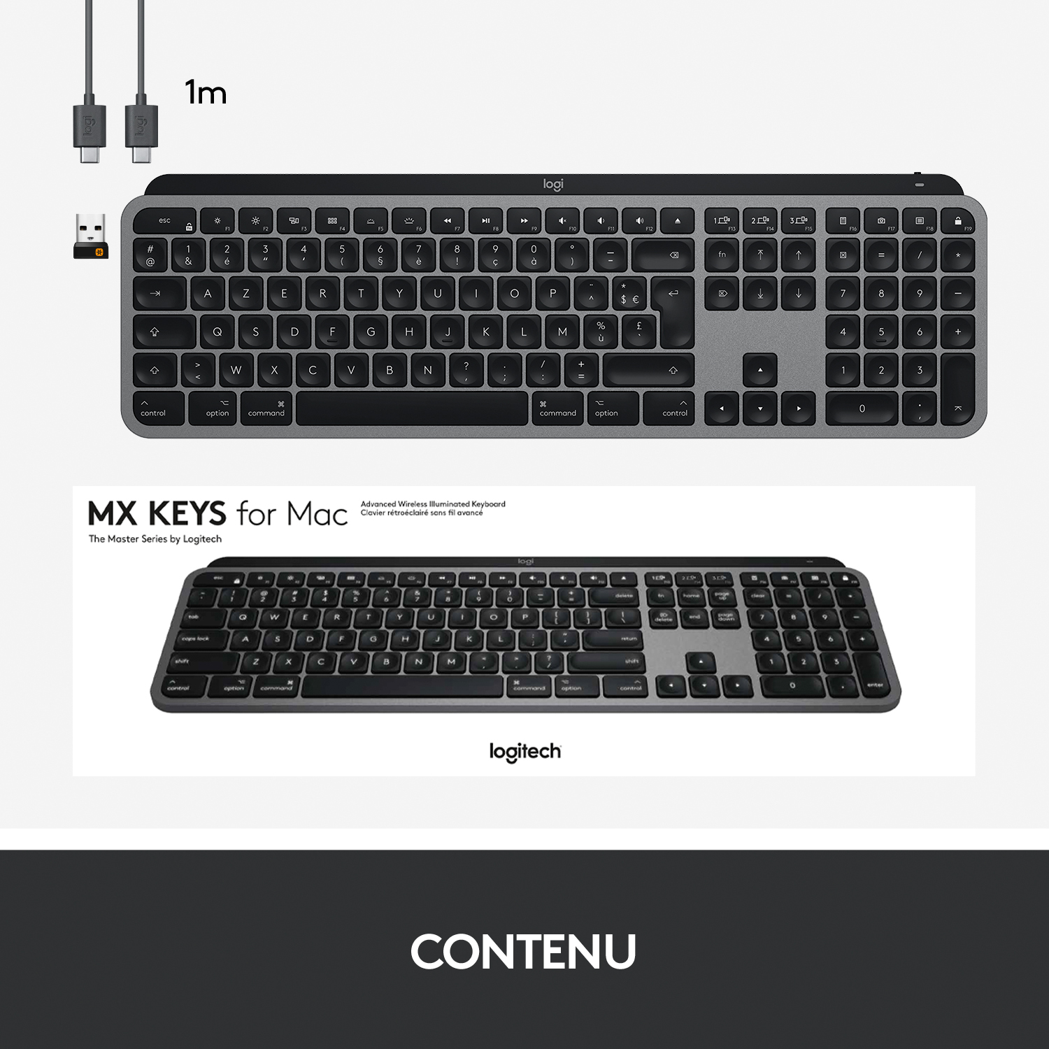 Clavier noir et un clavier plus petit sur une surface blanche. Des câbles et un adaptateur USB sont visibles.
