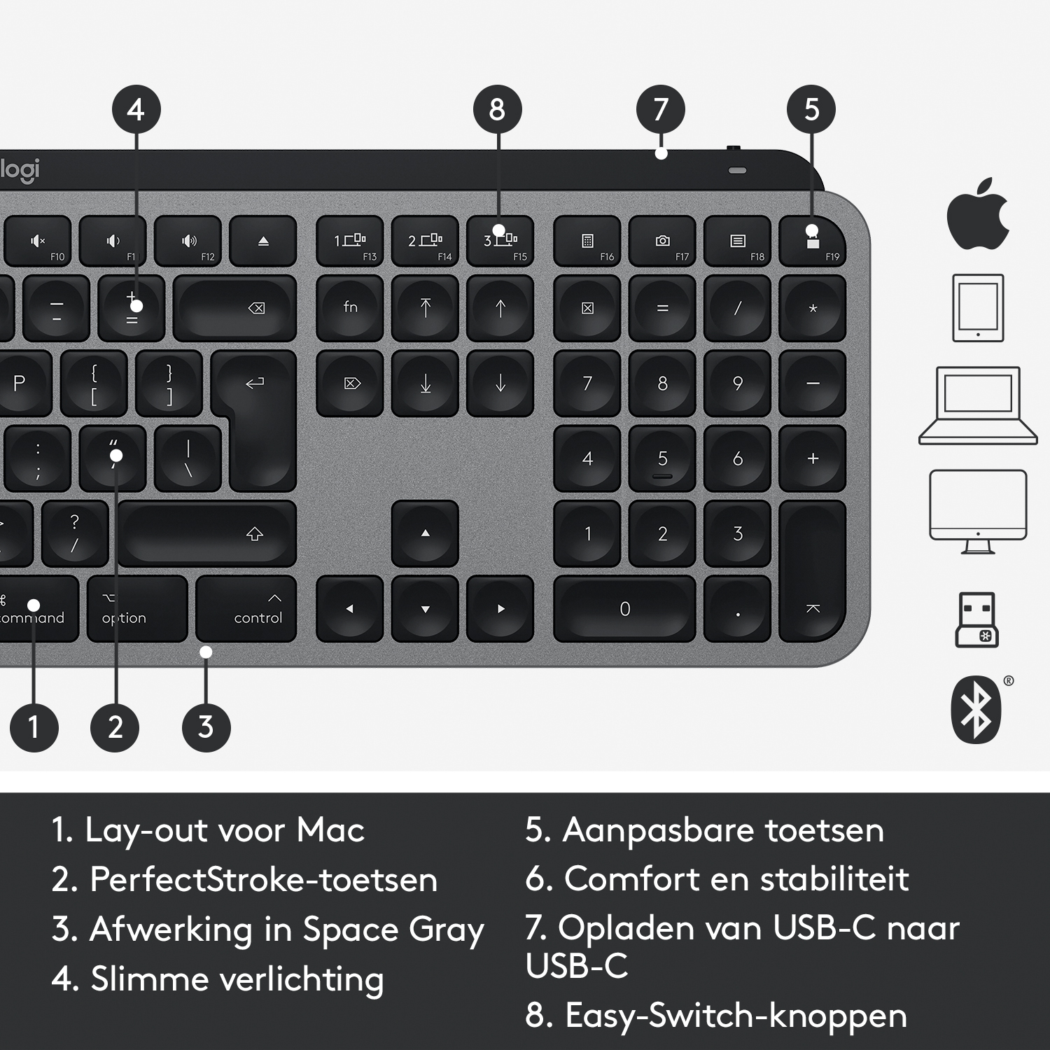 Een grijs toetsenbord met Mac-indeling, gelabelde toetsen en functietoetsen. Rechterkant met Apple-iconen.