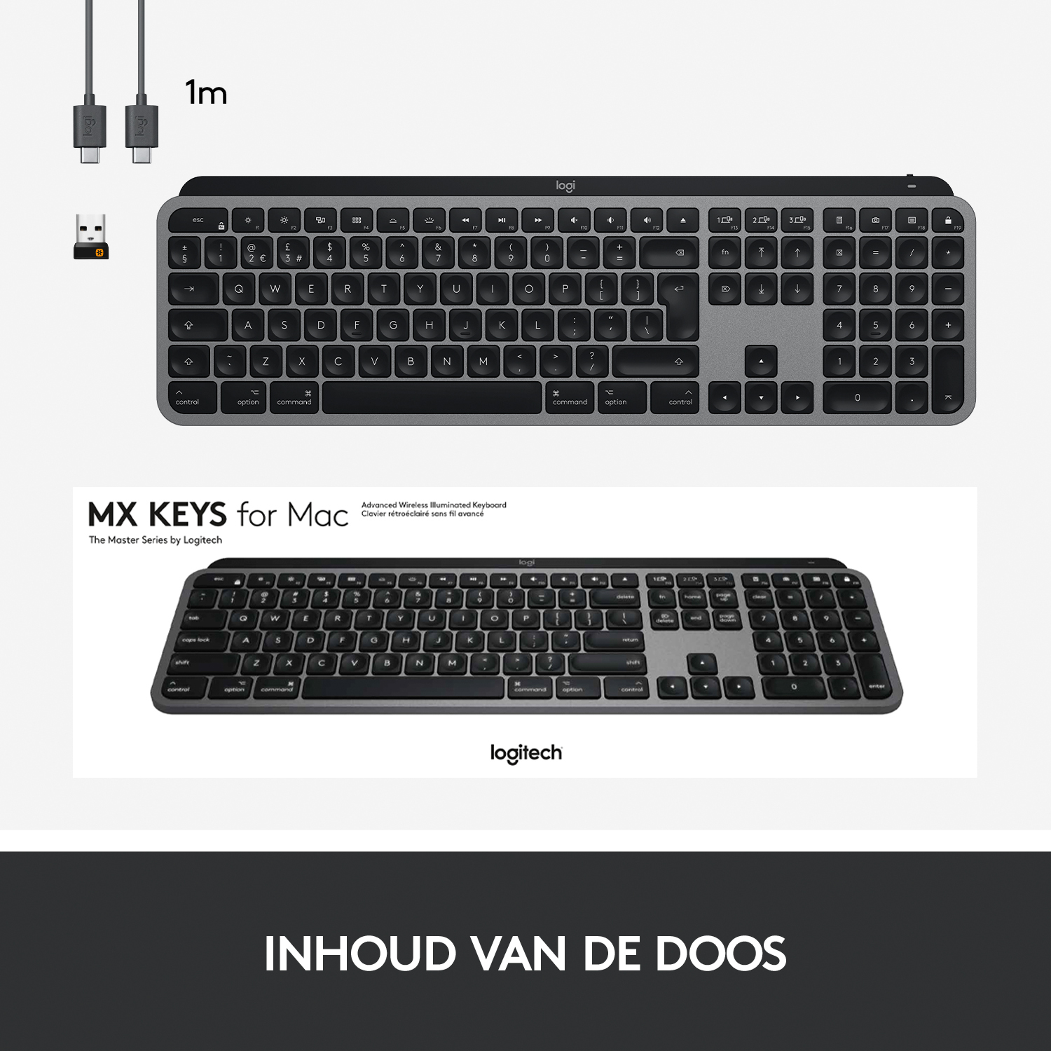 Een toetsenbord en een USB-kabel. Er staat een afbeelding van een toetsenbord hieronder.