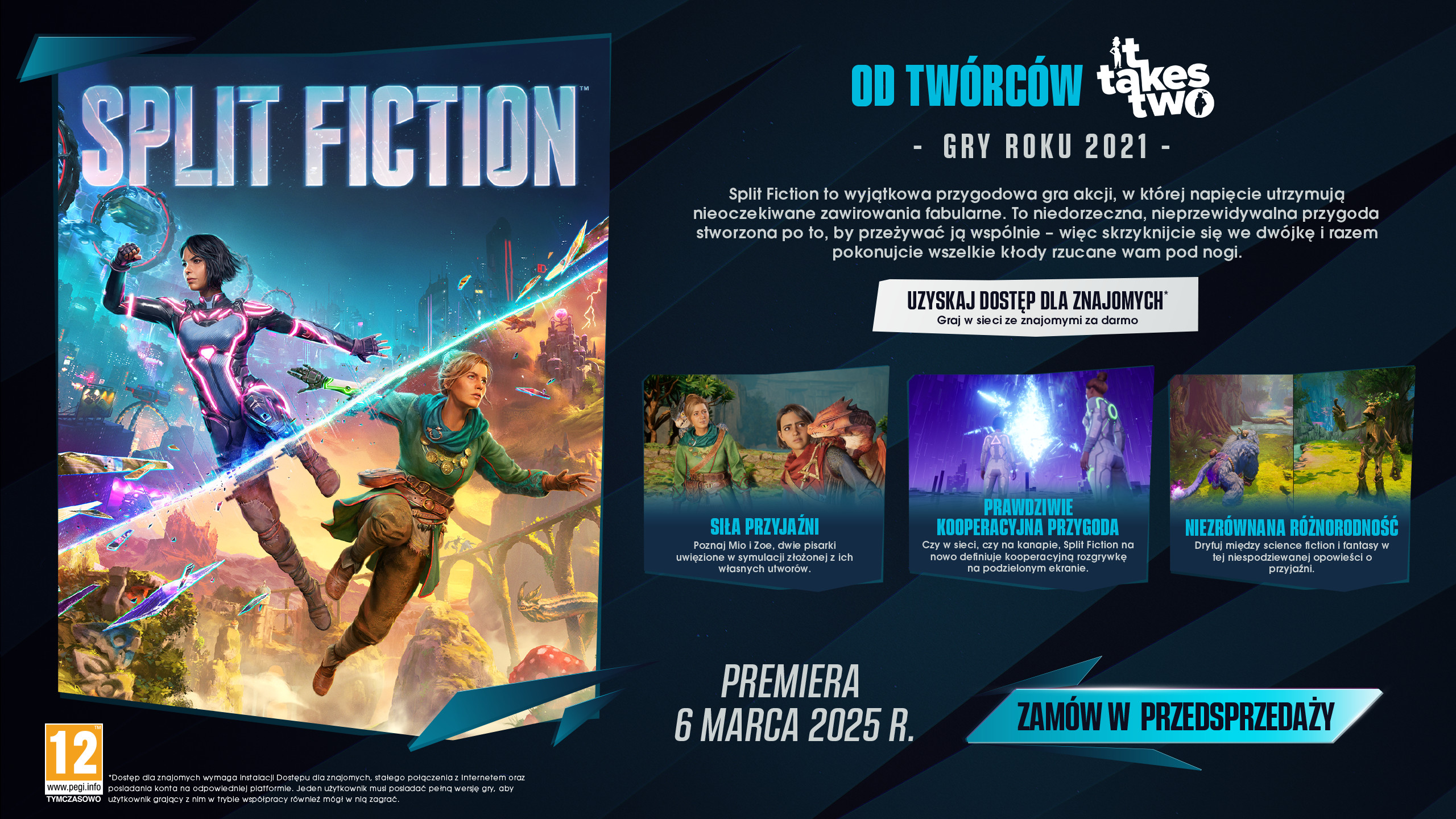 Pudełko z grą z tekstem i obrazami, promujące grę 'Split Fiction'.