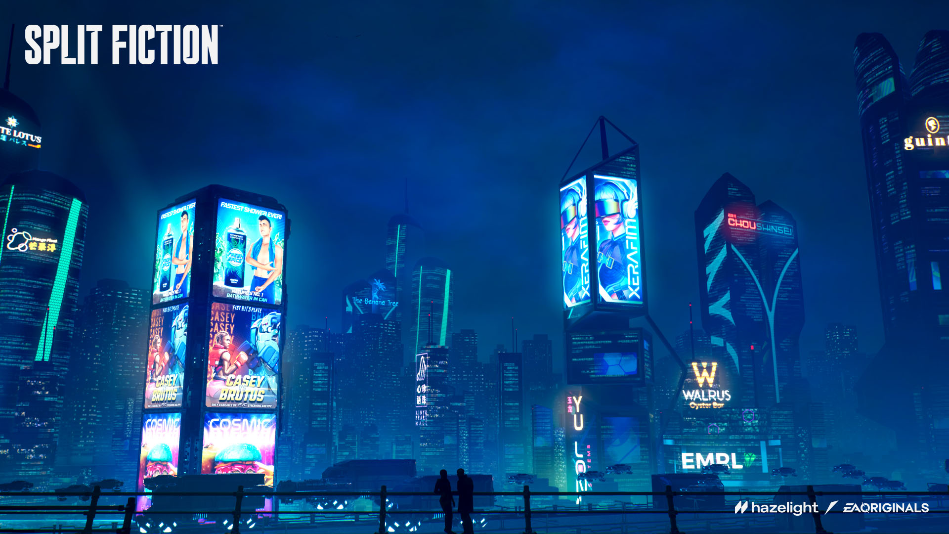 Nocny widok futurystycznego miasta z neonami. Dwie osoby na pierwszym planie.