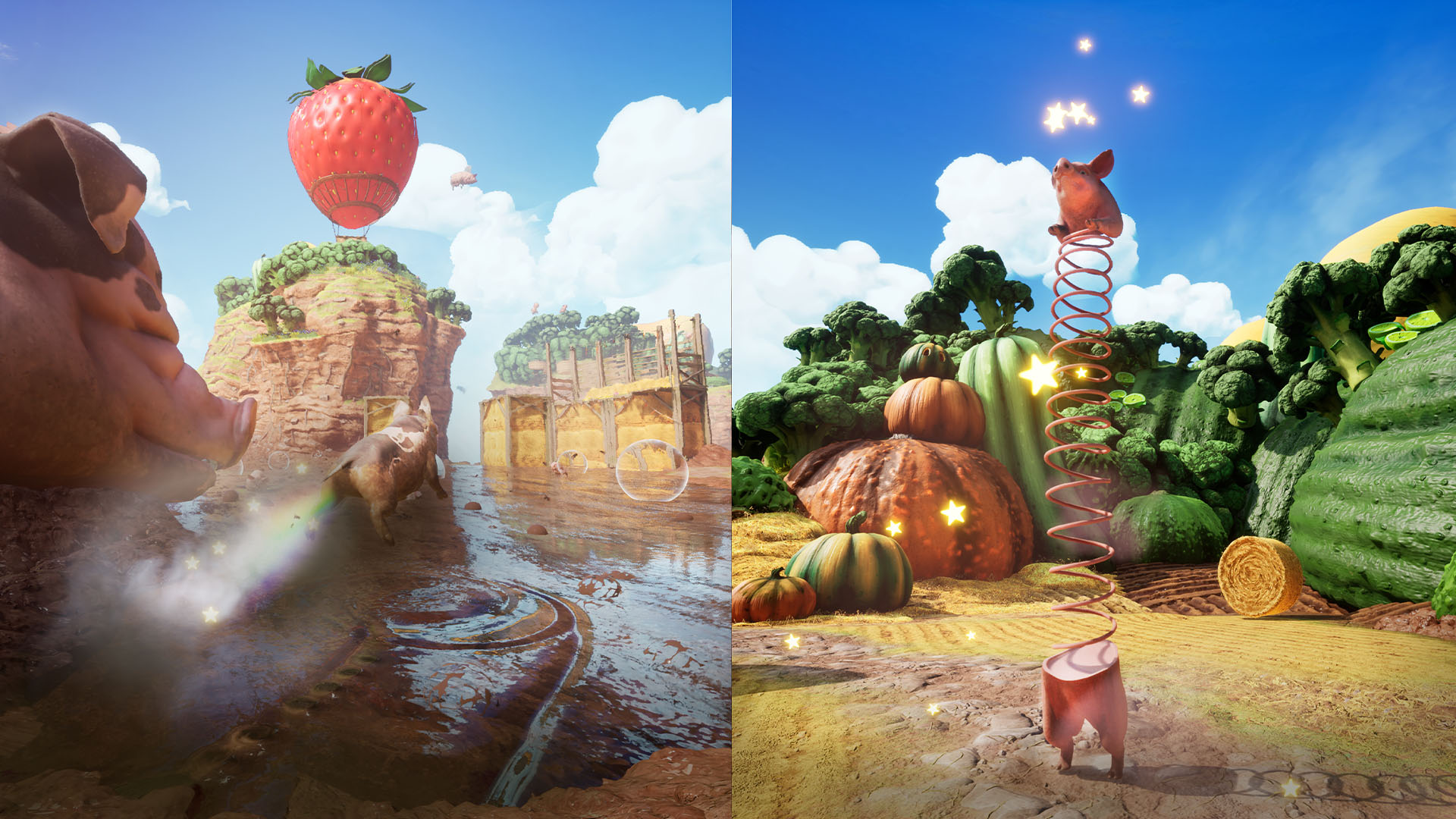 Dwie fantastyczne sceny ze świniami. Jedna ma balon w kształcie truskawki; druga świnię na sprężynie.