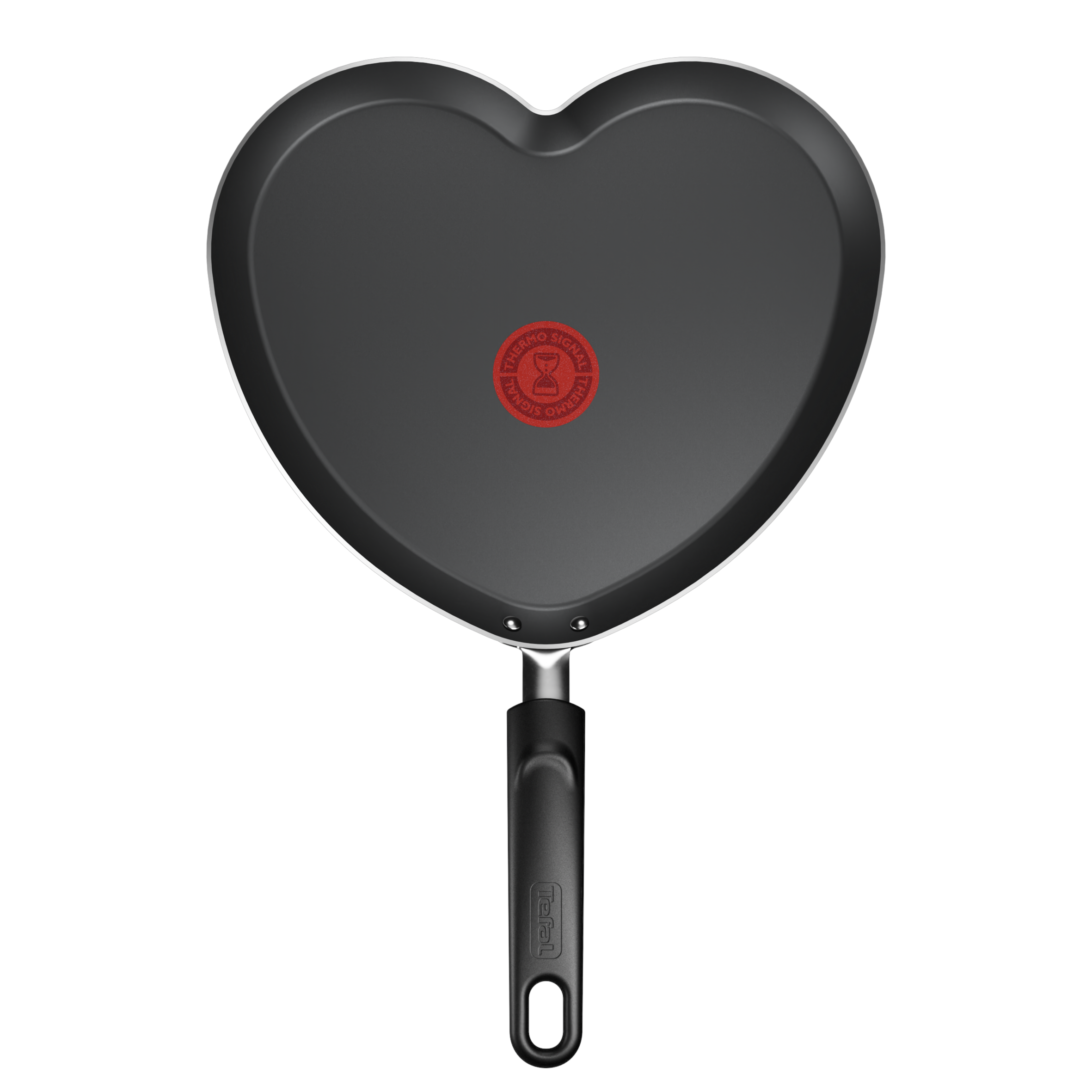 Patelnia w kształcie serca z czarną powierzchnią do gotowania i czarnym uchwytem.